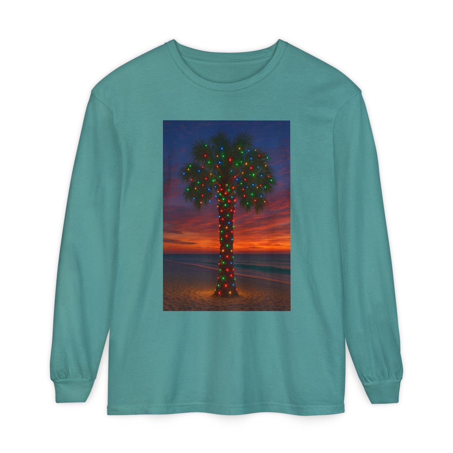 Palm Tree with Christmas Lights Long Sleeve T-Shirt | Holiday Beach Sunset