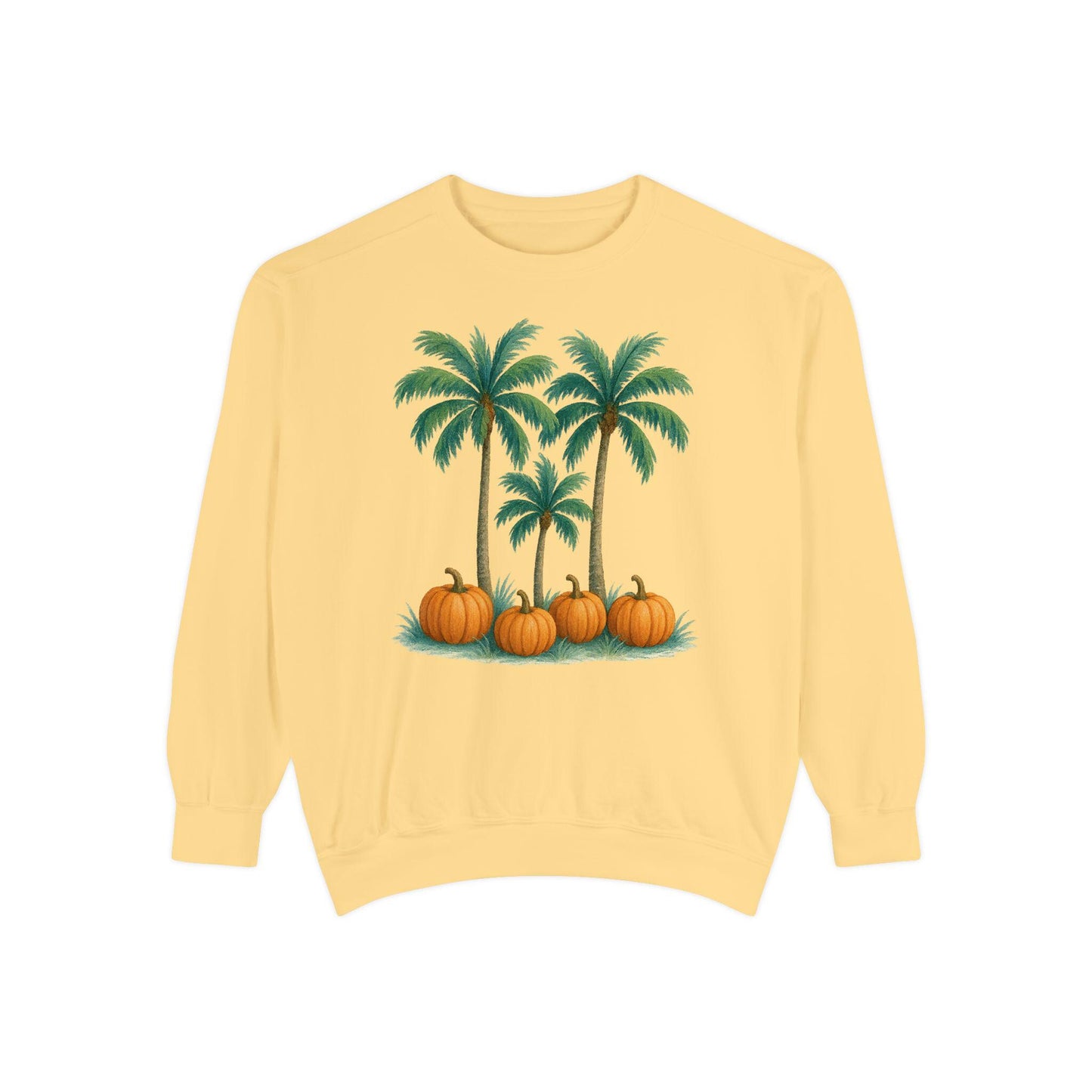 Palm Trees and Pumpkins Sweatshirt: Garment-Dyed Unisex Fall Fashion