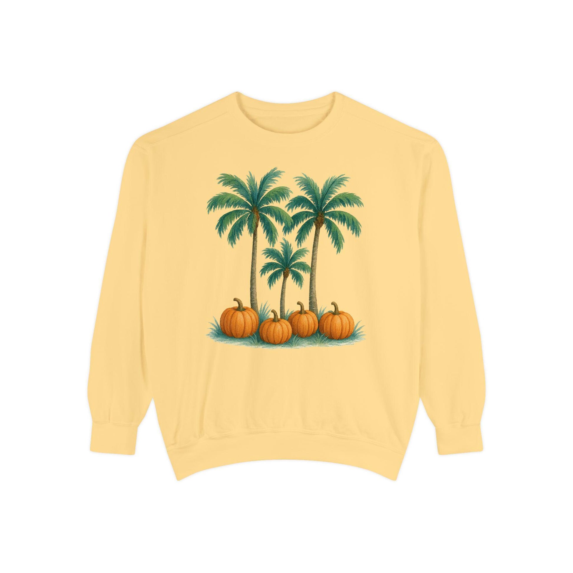 Palm Trees and Pumpkins Sweatshirt: Garment-Dyed Unisex Fall Fashion