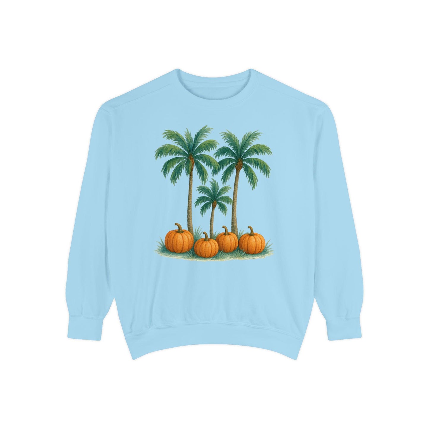 Palm Trees and Pumpkins Sweatshirt: Garment-Dyed Unisex Fall Fashion