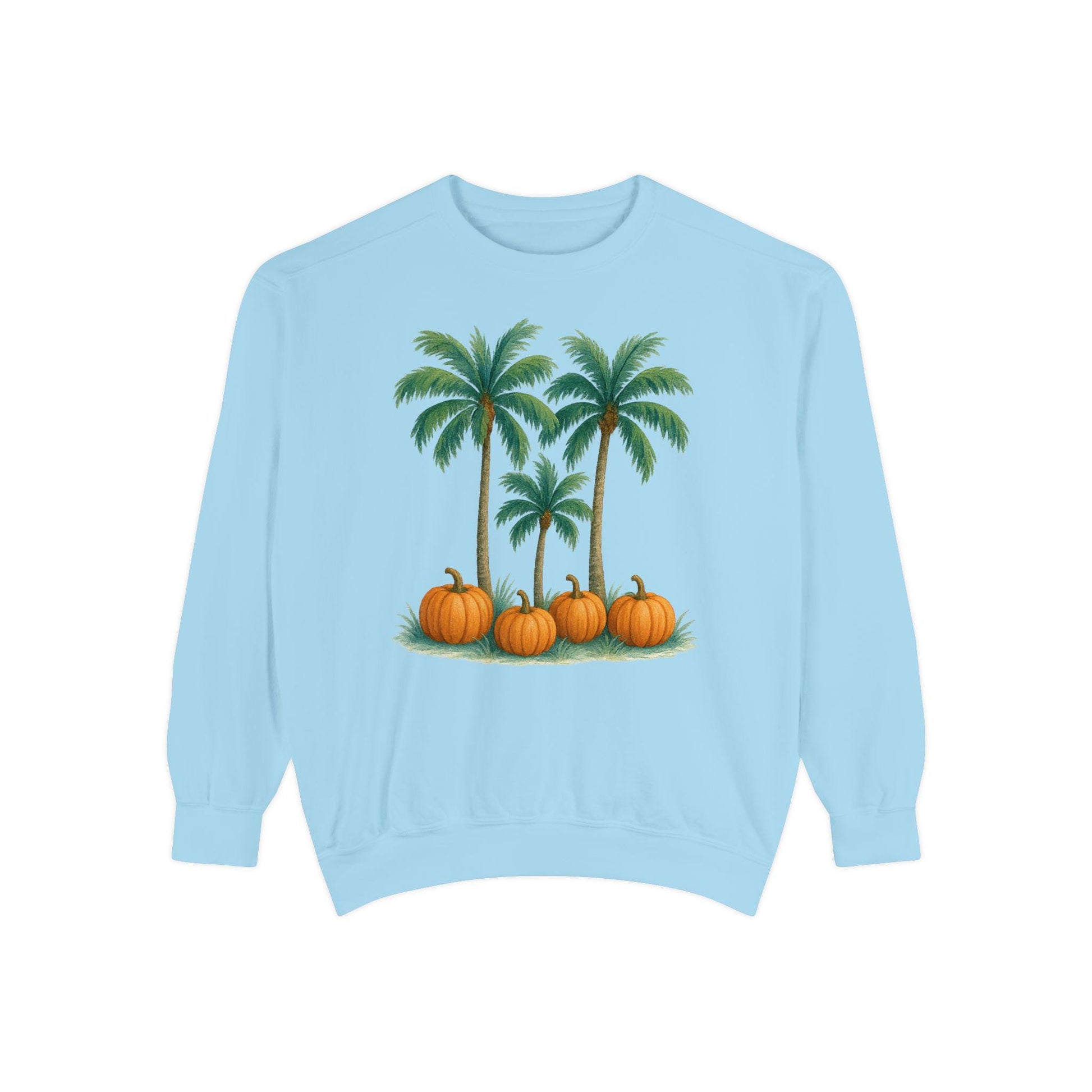 Palm Trees and Pumpkins Sweatshirt: Garment-Dyed Unisex Fall Fashion