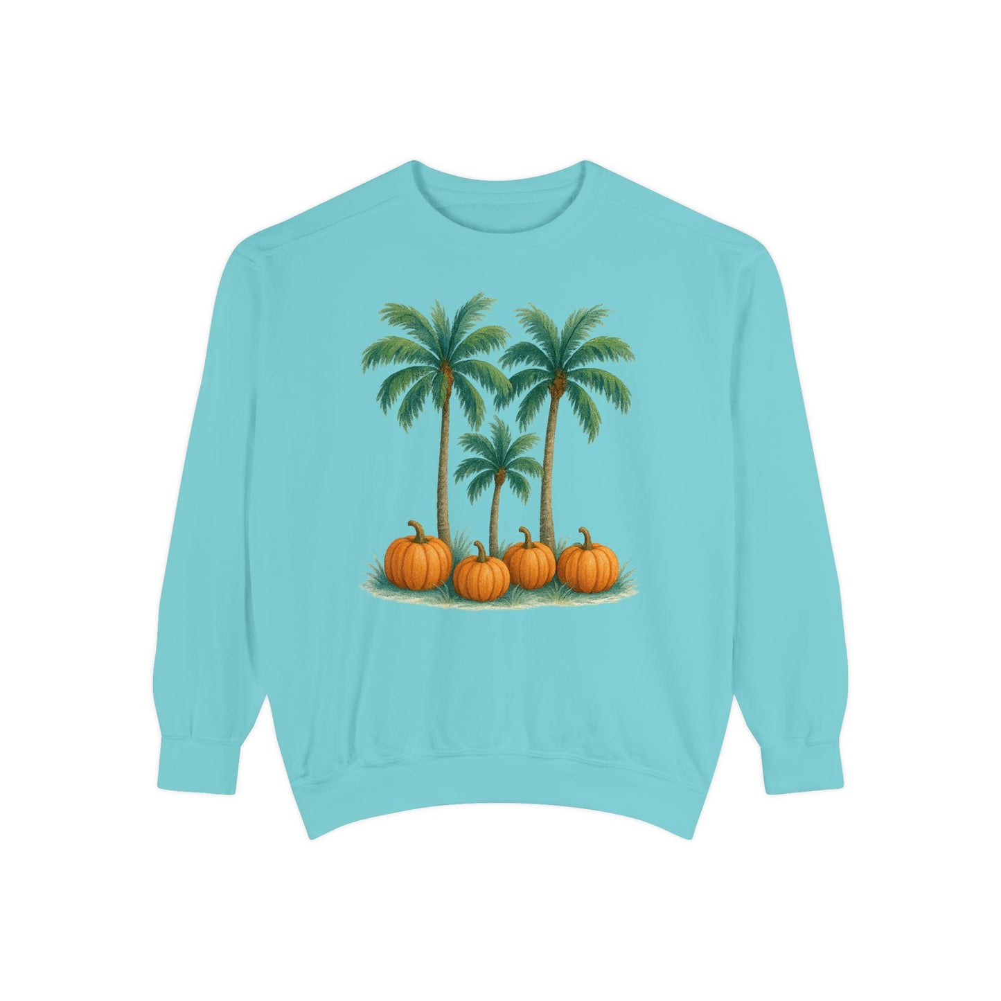 Palm Trees and Pumpkins Sweatshirt: Garment-Dyed Unisex Fall Fashion