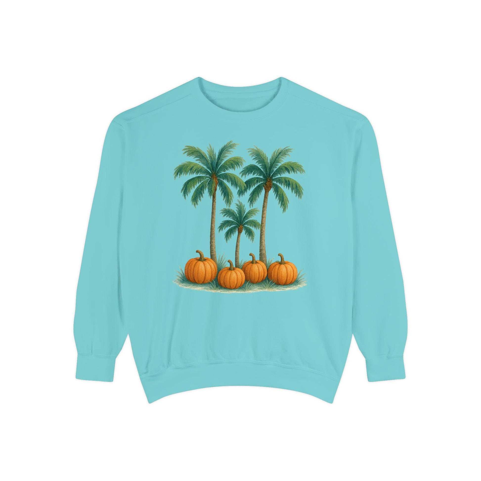 Palm Trees and Pumpkins Sweatshirt: Garment-Dyed Unisex Fall Fashion