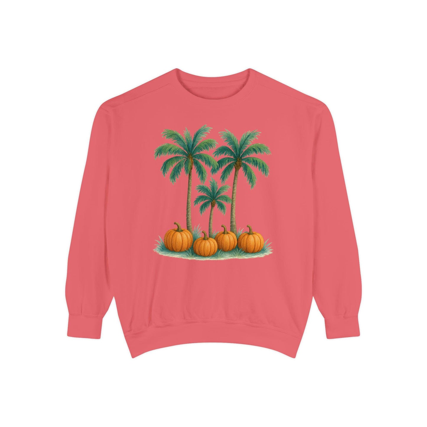 Palm Trees and Pumpkins Sweatshirt: Garment-Dyed Unisex Fall Fashion