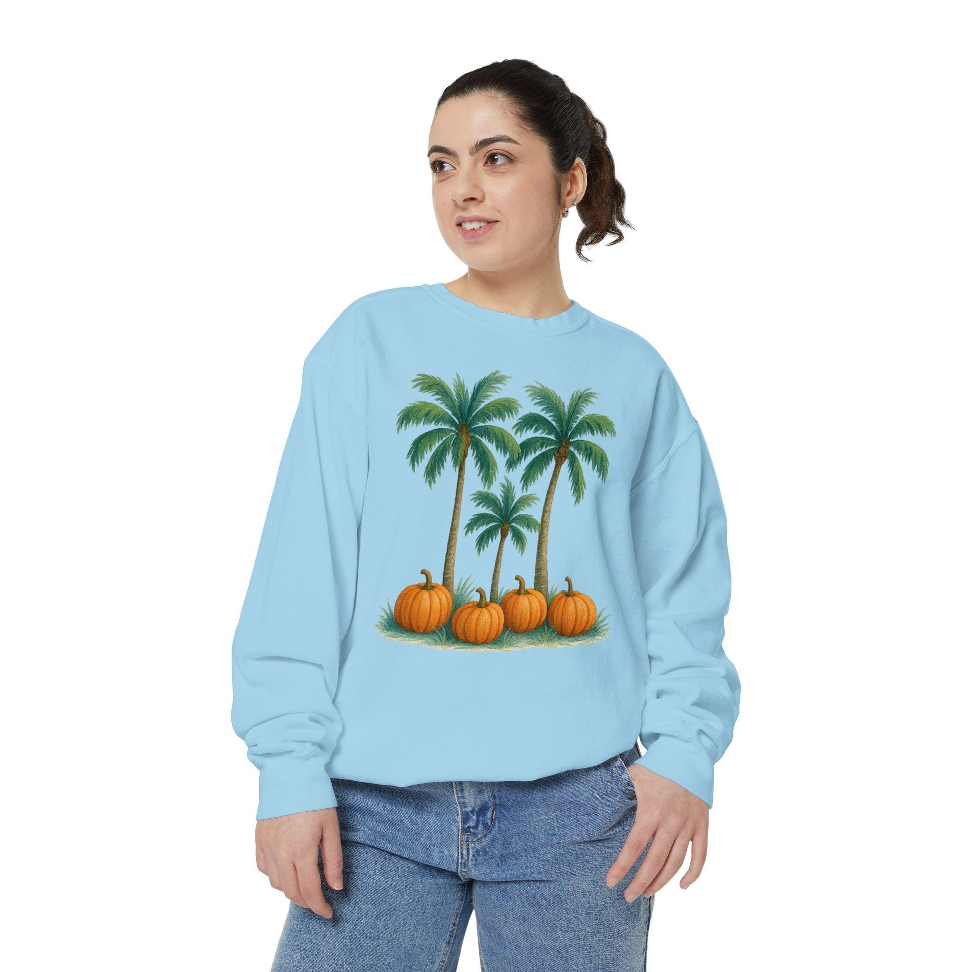 Palm Trees and Pumpkins Sweatshirt: Garment-Dyed Unisex Fall Fashion