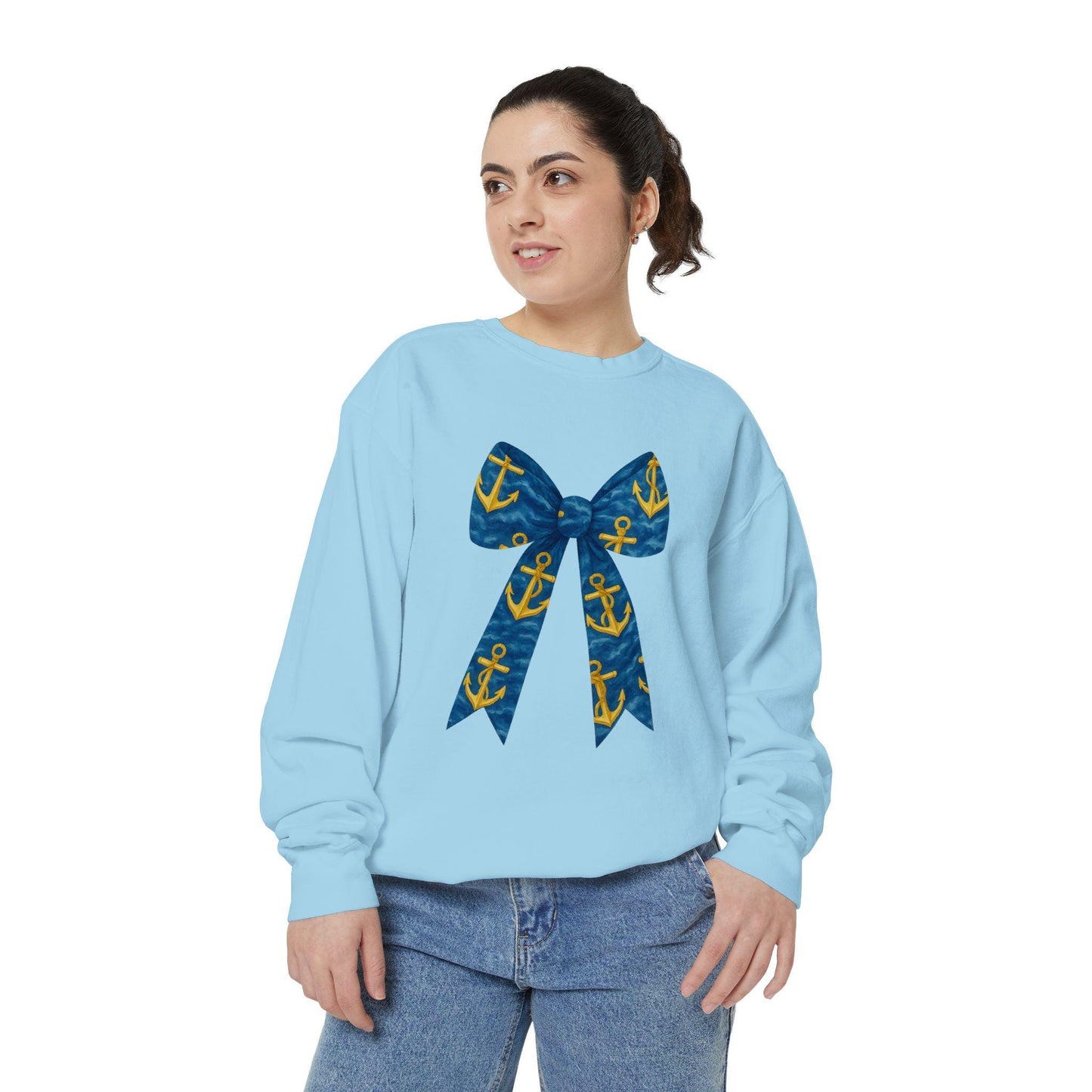 Nautical Bow Sweatshirt, Cozy Beach Attire, Summer Gift, Unisex Fashion, Casual Style, Anchor Print