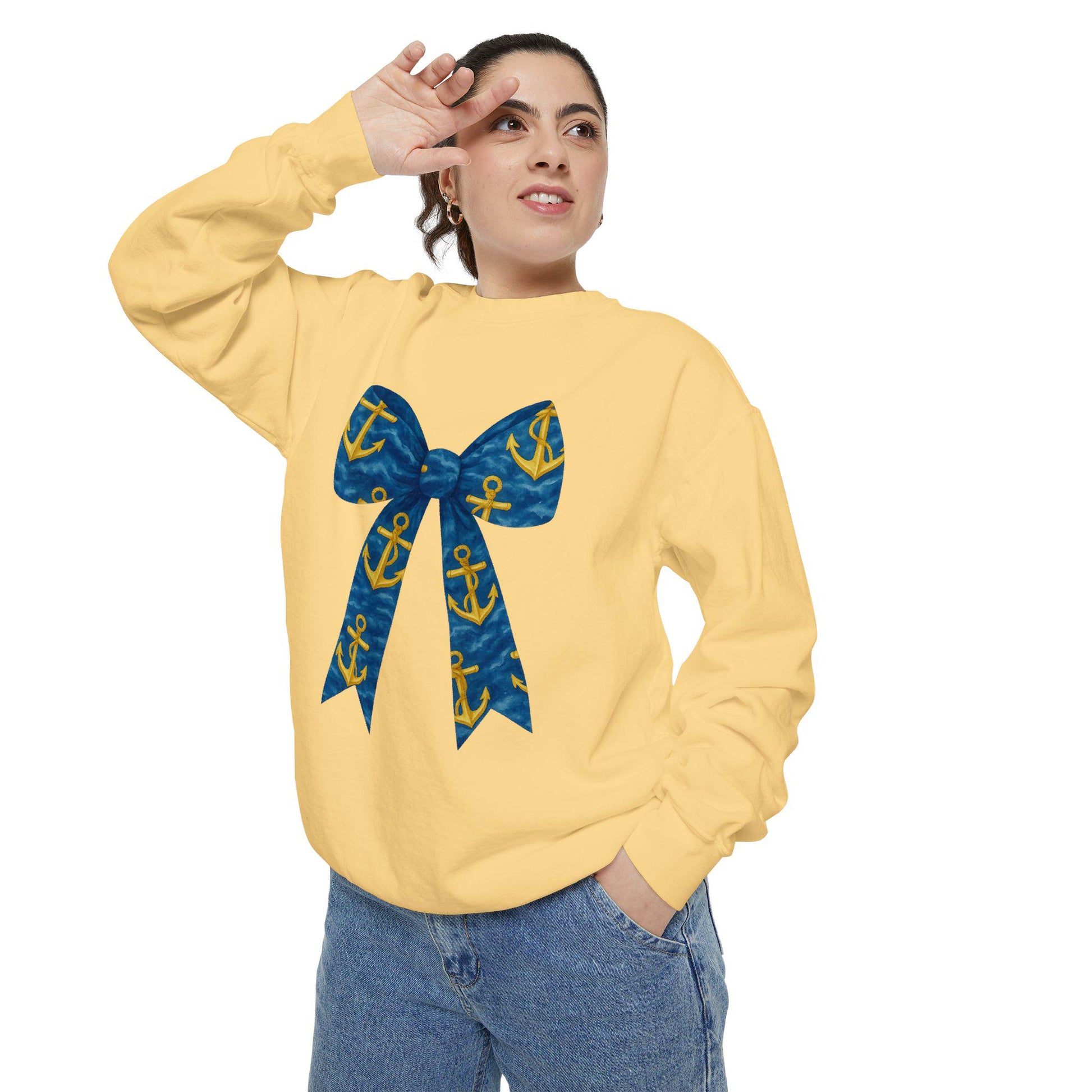 Nautical Bow Sweatshirt, Cozy Beach Attire, Summer Gift, Unisex Fashion, Casual Style, Anchor Print