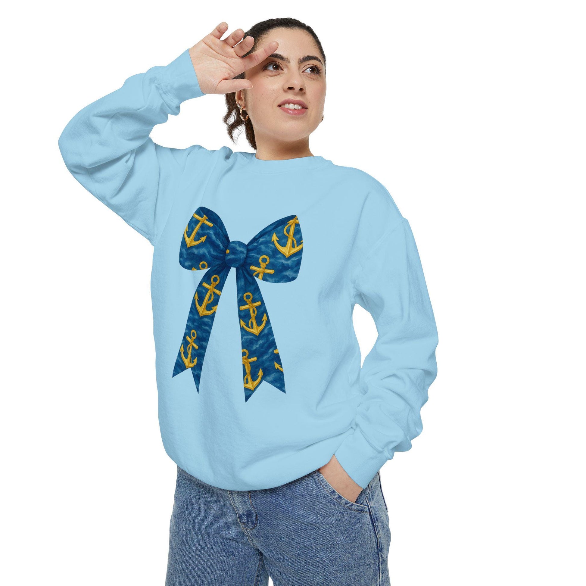 Nautical Bow Sweatshirt, Cozy Beach Attire, Summer Gift, Unisex Fashion, Casual Style, Anchor Print