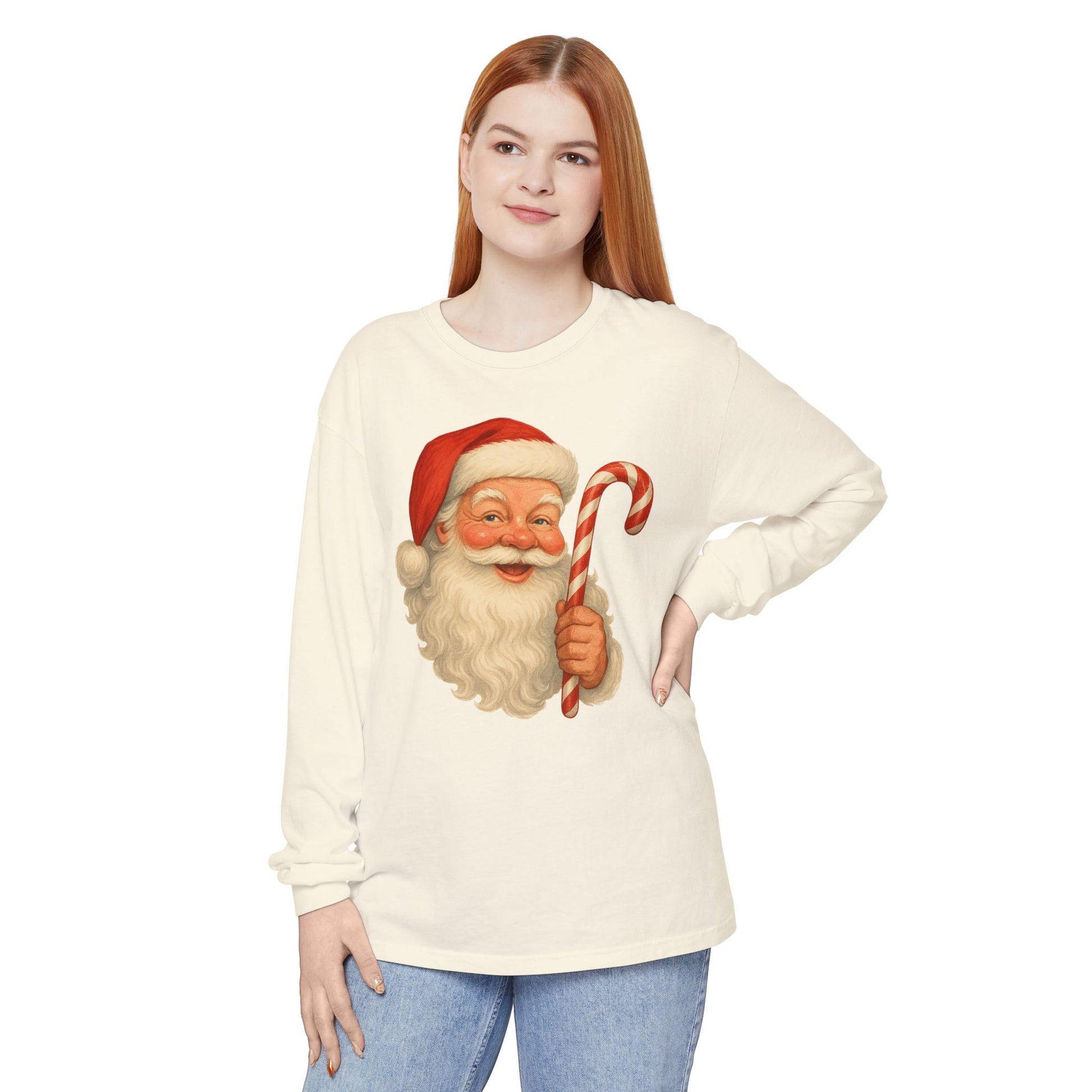 Vintage Santa with Candy Cane Long Sleeve Shirt | Christmas Holiday Tee