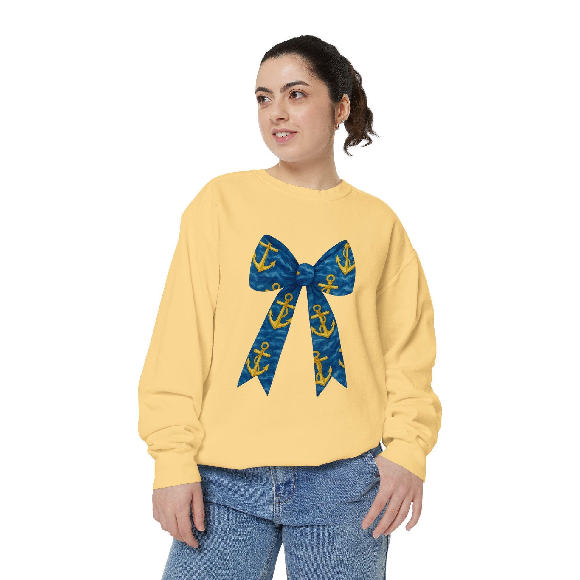 Nautical Bow Sweatshirt, Cozy Beach Attire, Summer Gift, Unisex Fashion, Casual Style, Anchor Print
