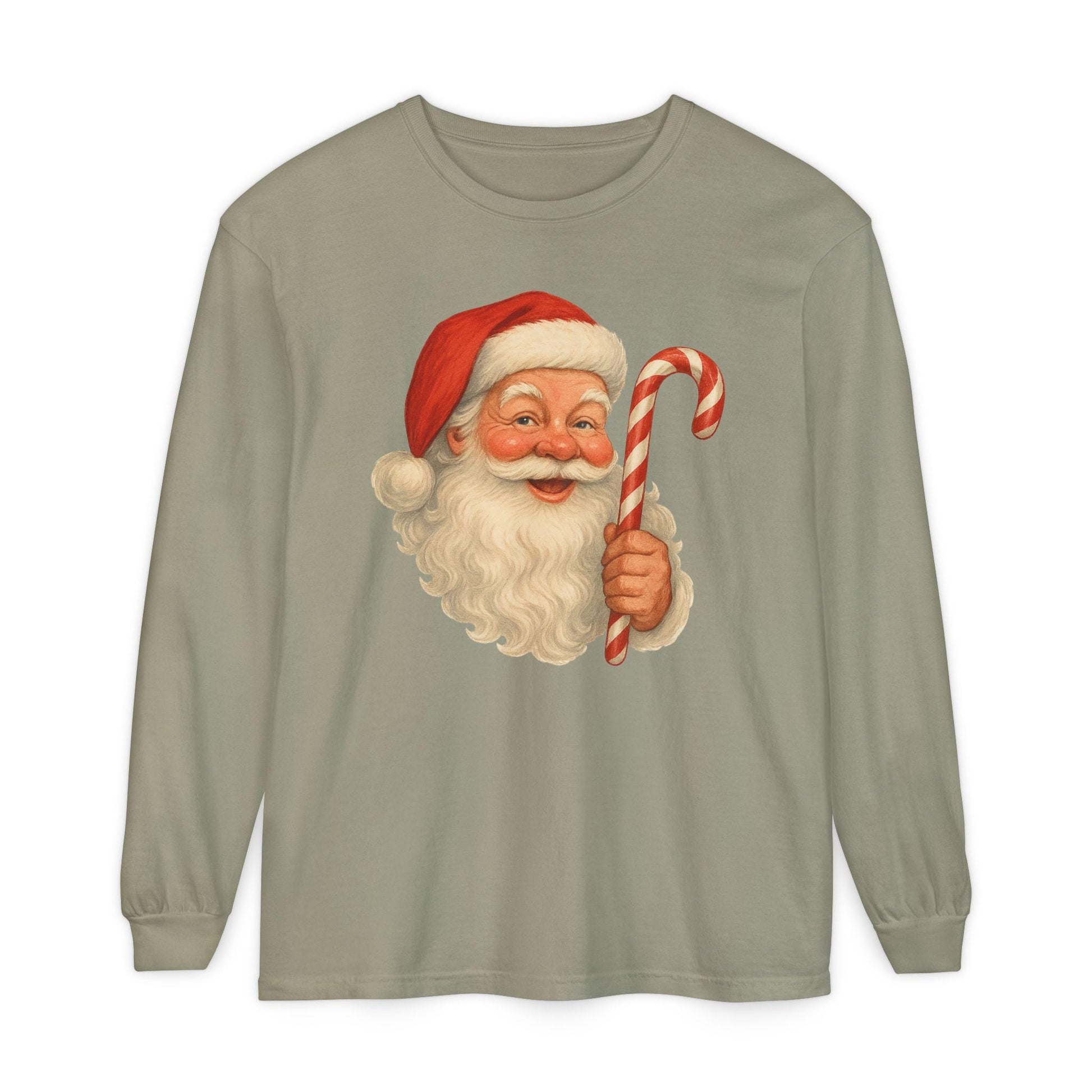 Vintage Santa with Candy Cane Long Sleeve Shirt | Christmas Holiday Tee
