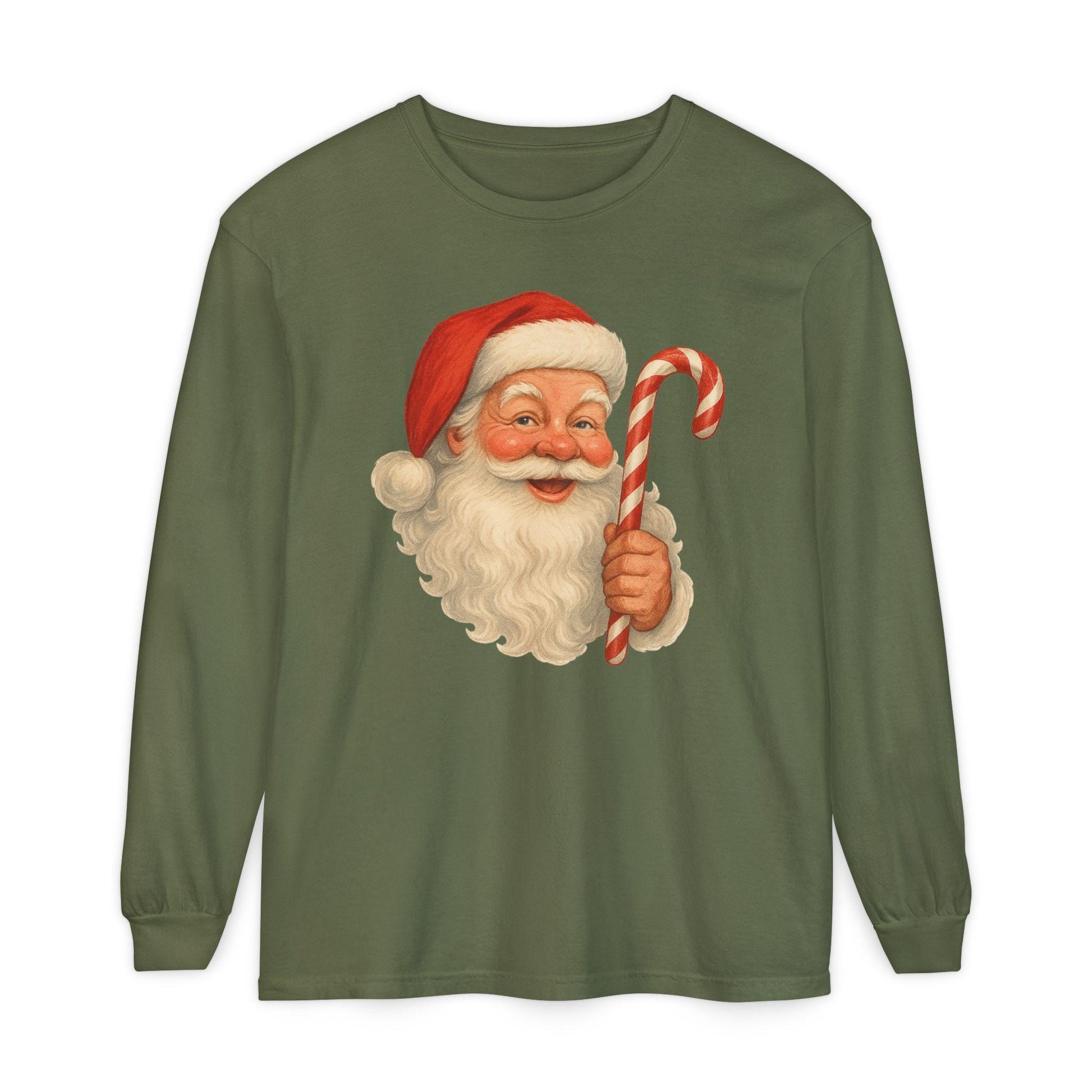 Vintage Santa with Candy Cane Long Sleeve Shirt | Christmas Holiday Tee