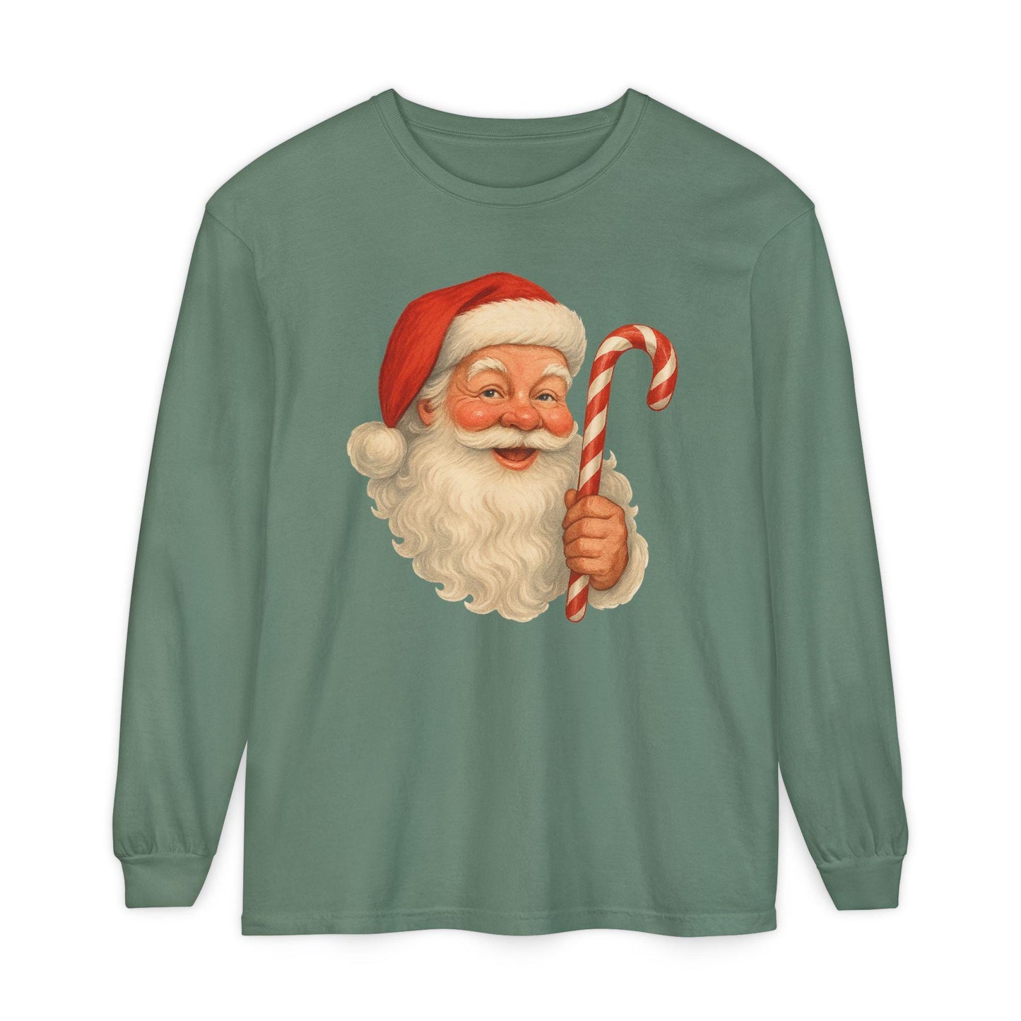 Vintage Santa with Candy Cane Long Sleeve Shirt | Christmas Holiday Tee