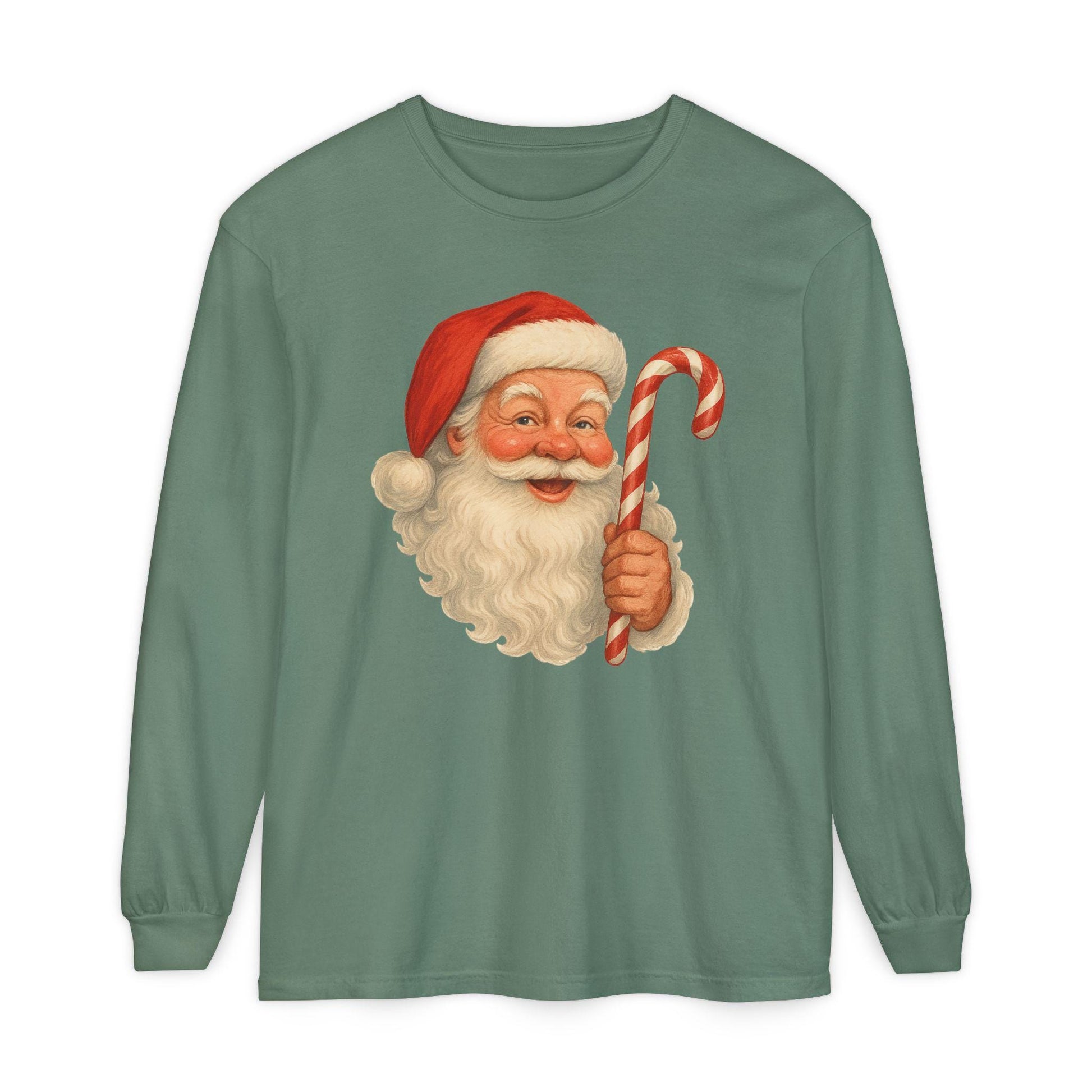 Vintage Santa with Candy Cane Long Sleeve Shirt | Christmas Holiday Tee