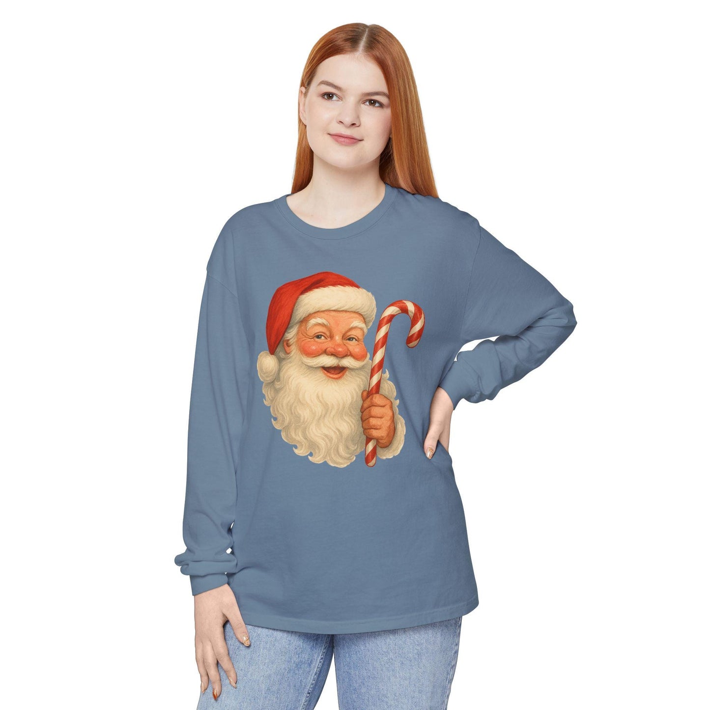 Vintage Santa with Candy Cane Long Sleeve Shirt | Christmas Holiday Tee