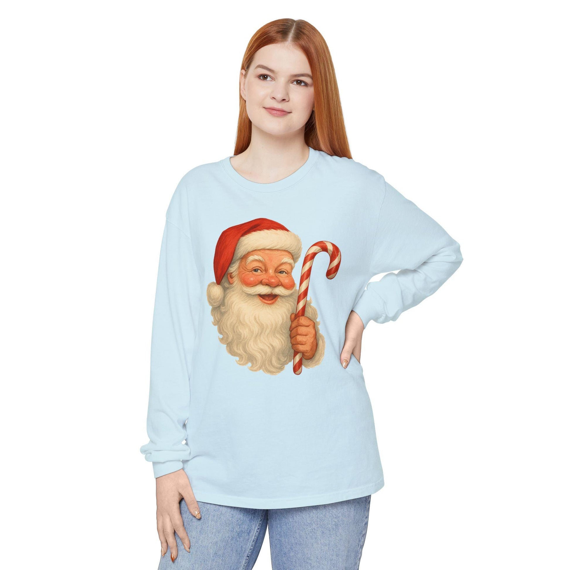 Vintage Santa with Candy Cane Long Sleeve Shirt | Christmas Holiday Tee