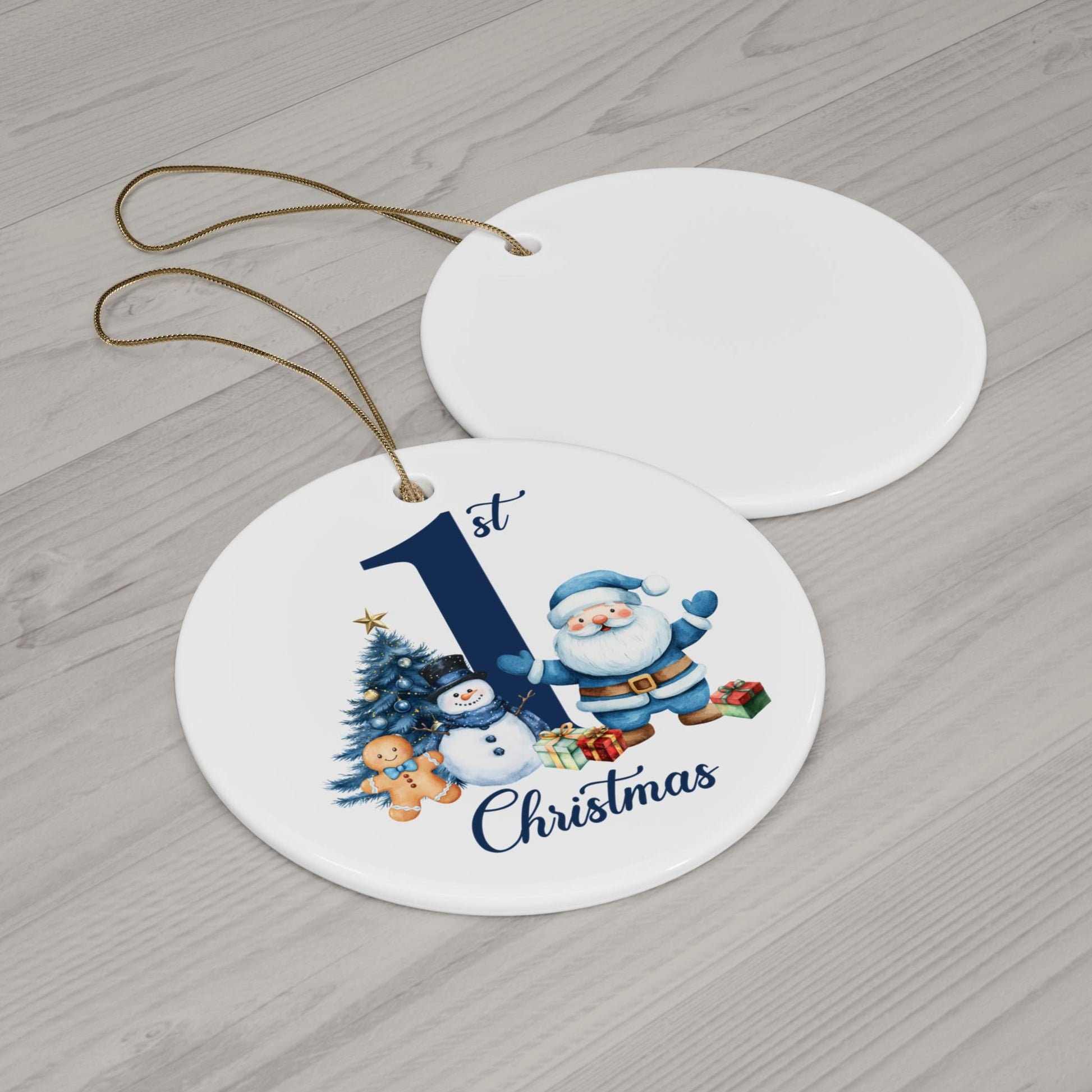 Baby Boy 1st Christmas Santa and Snowman Ceramic Ornament | Round Keepsake