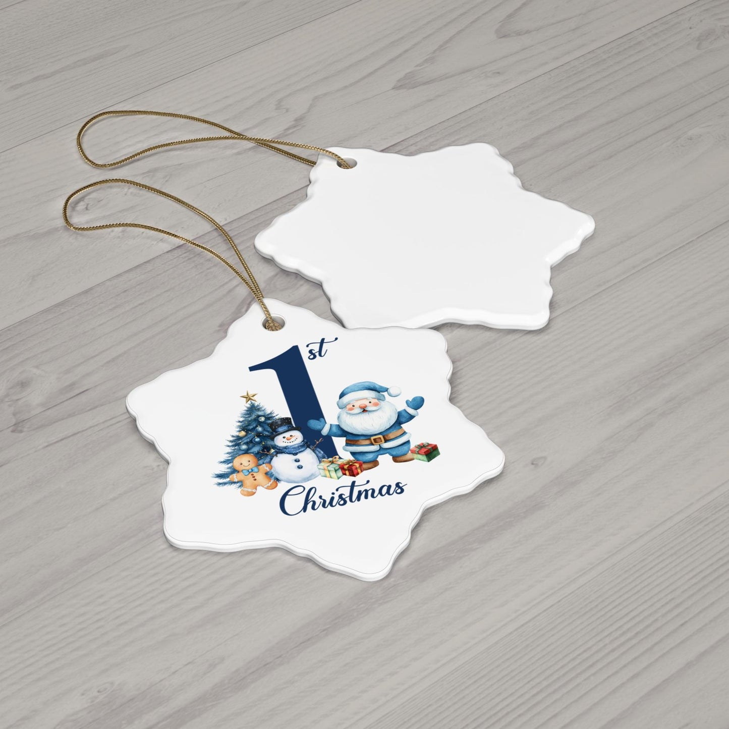 Baby Boy 1st Christmas Santa and Snowman Ceramic Ornament | Round Keepsake