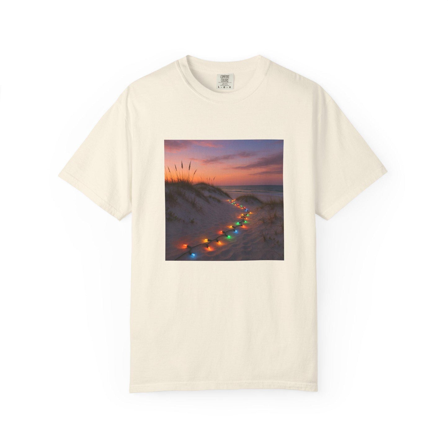 Beach Dunes with Christmas Lights T-Shirt | Sunset Coastal Photo Tee