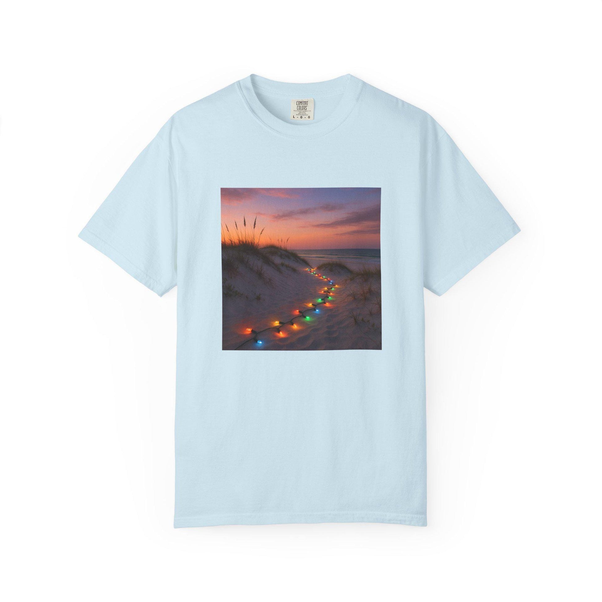 Beach Dunes with Christmas Lights T-Shirt | Sunset Coastal Photo Tee