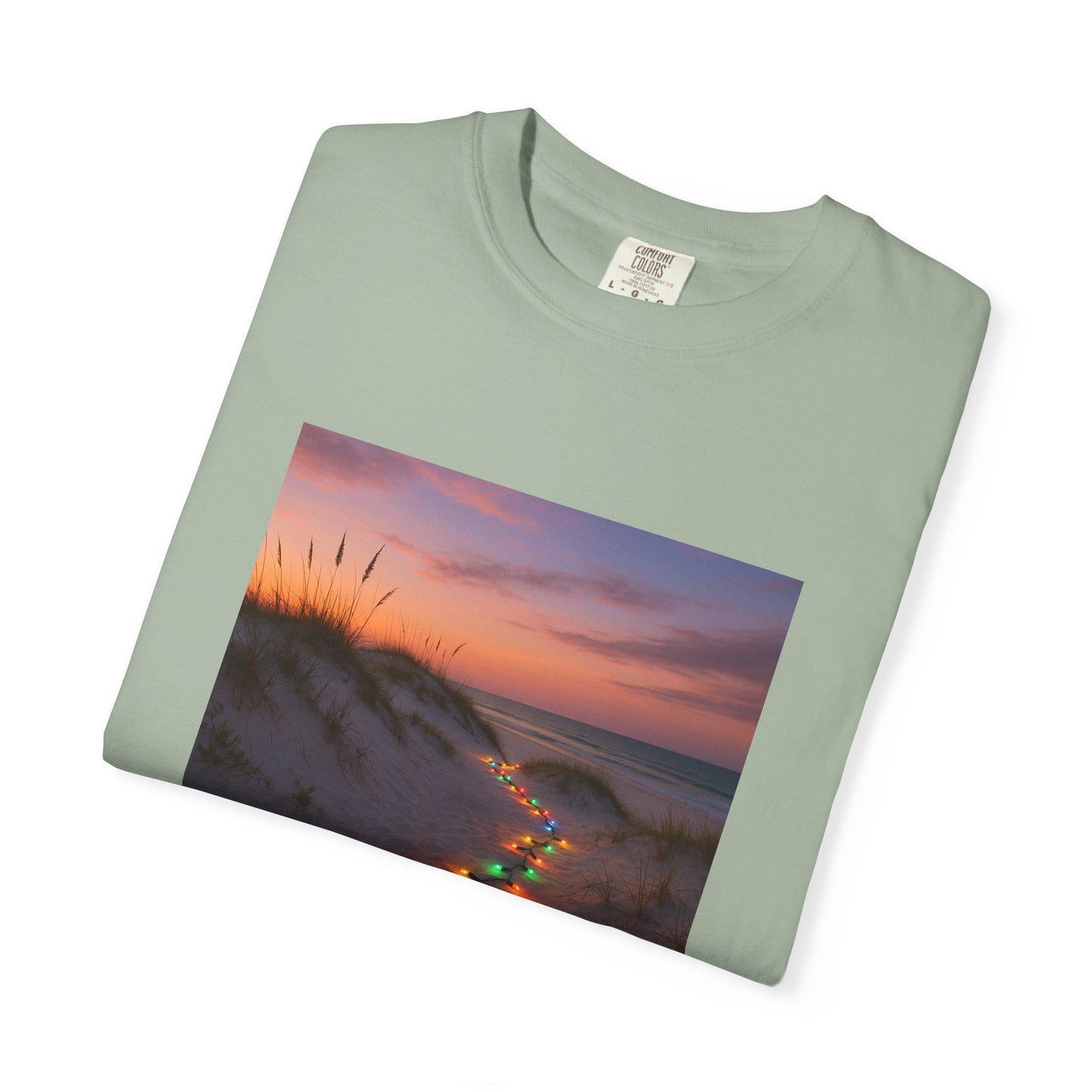 Beach Dunes with Christmas Lights T-Shirt | Sunset Coastal Photo Tee