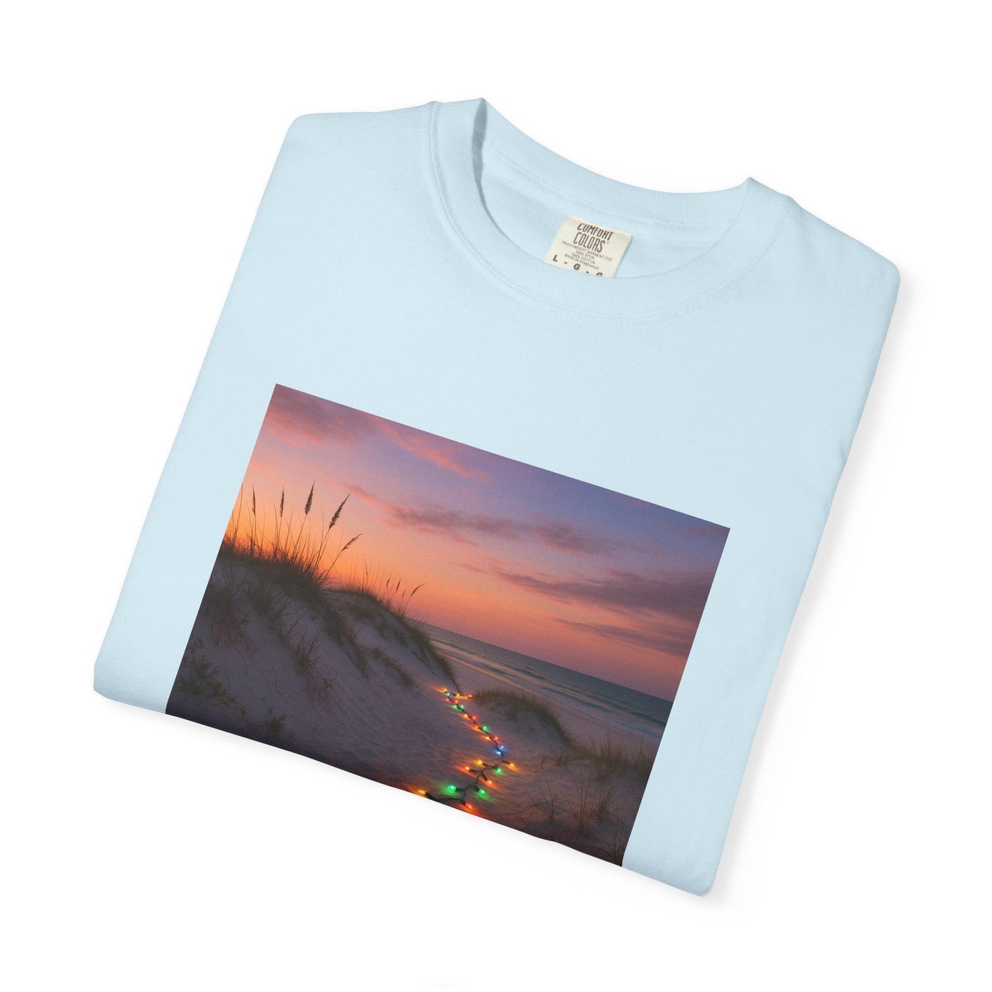 Beach Dunes with Christmas Lights T-Shirt | Sunset Coastal Photo Tee