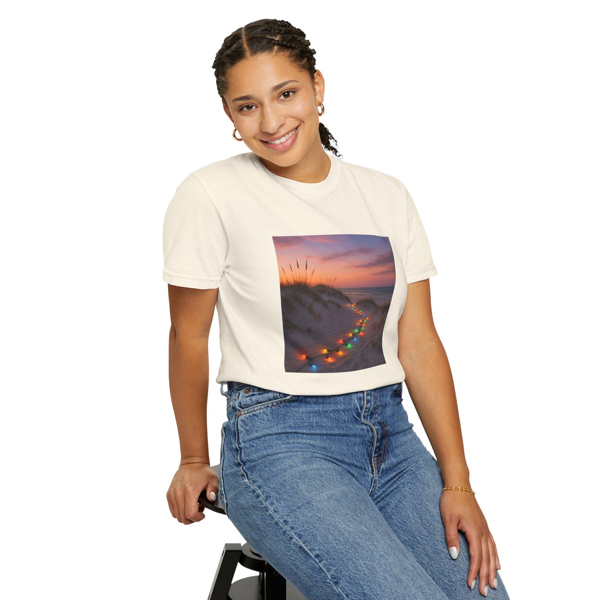 Beach Dunes with Christmas Lights T-Shirt | Sunset Coastal Photo Tee