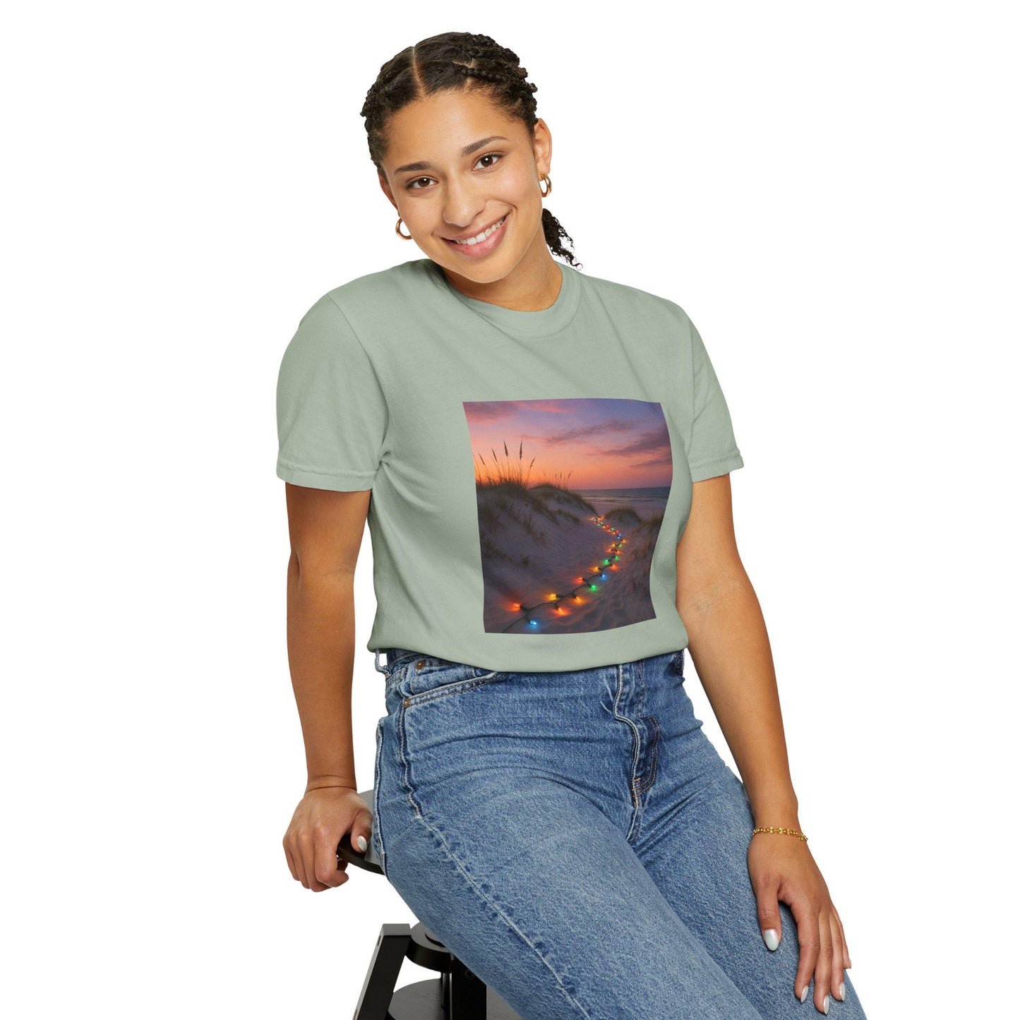 Beach Dunes with Christmas Lights T-Shirt | Sunset Coastal Photo Tee