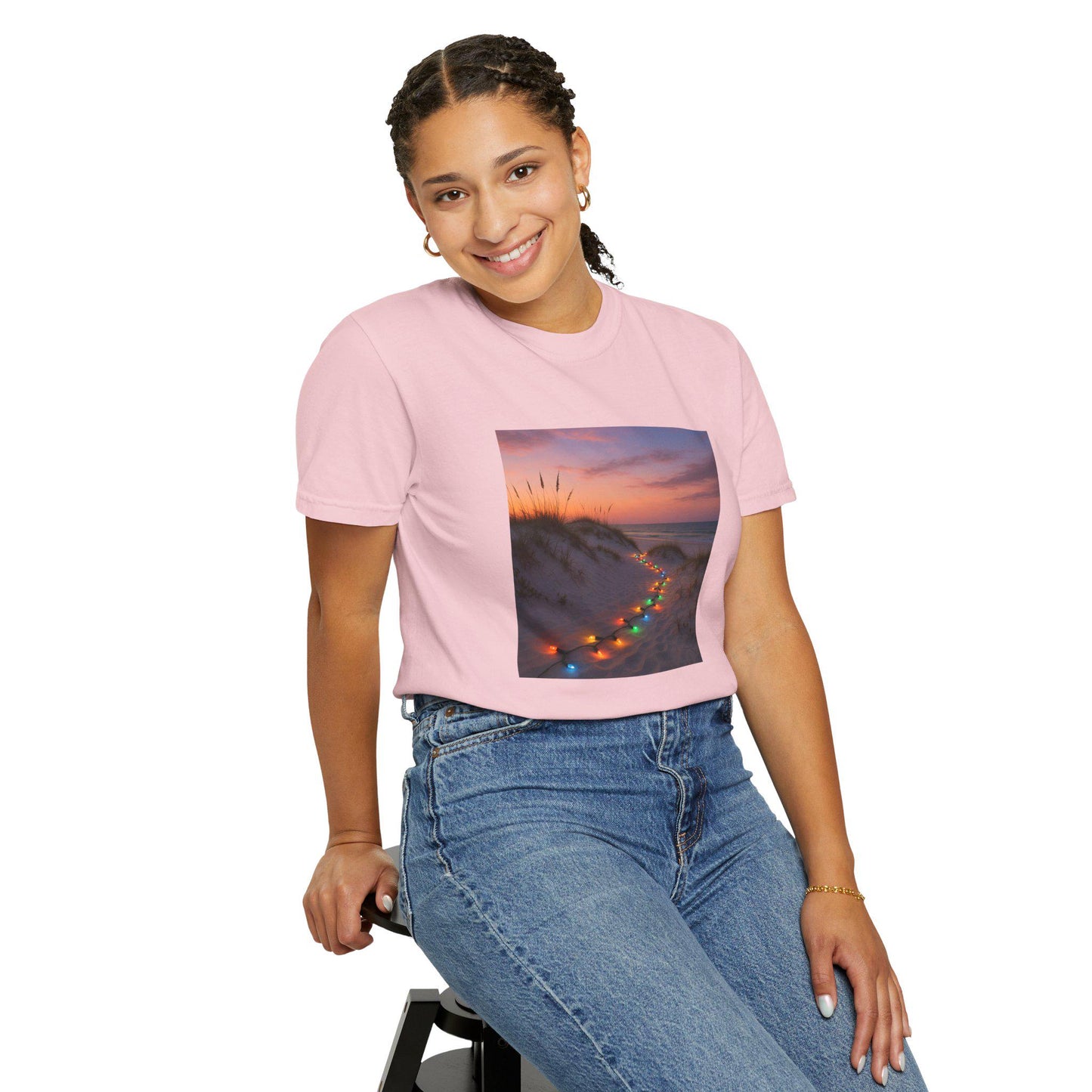 Beach Dunes with Christmas Lights T-Shirt | Sunset Coastal Photo Tee