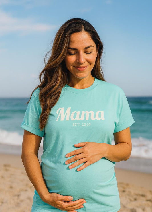 Mama EST. 2025 T-Shirt | Mom Script Design, Sage Garment-Dyed