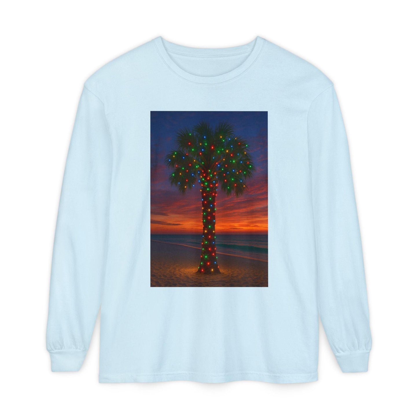 Palm Tree with Christmas Lights Long Sleeve T-Shirt | Holiday Beach Sunset