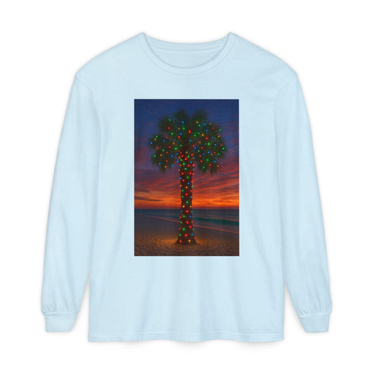 Palm Tree with Christmas Lights Long Sleeve T-Shirt | Holiday Beach Sunset