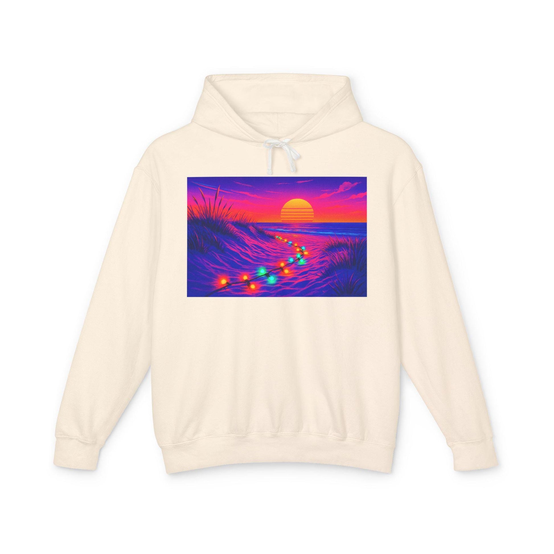 Neon Sunset Beach Christmas Lights Hoodie | Retro Ocean Sunset