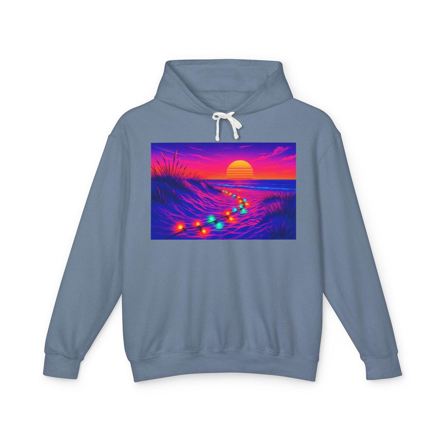 Neon Sunset Beach Christmas Lights Hoodie | Retro Ocean Sunset