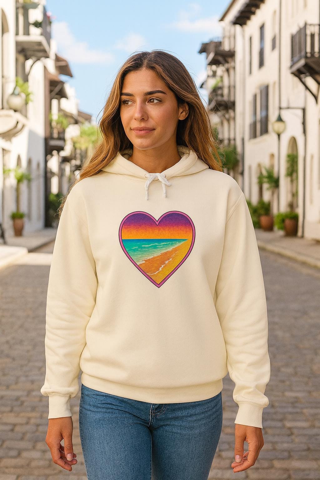 Sunset Destin Beach Hoodie | Retro Rainbow Beach Heart Sweatshirt