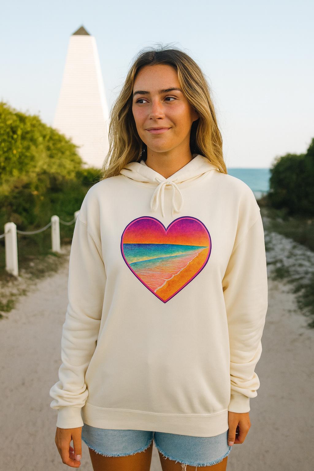 Sunset Destin Beach Hoodie | Retro Rainbow Beach Heart Sweatshirt