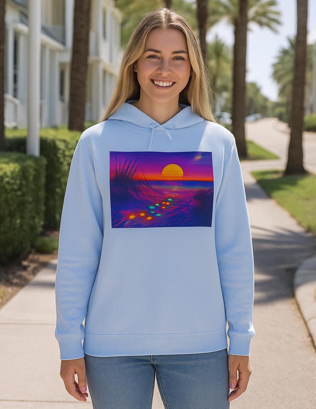 Neon Sunset Beach Christmas Lights Hoodie | Retro Ocean Sunset
