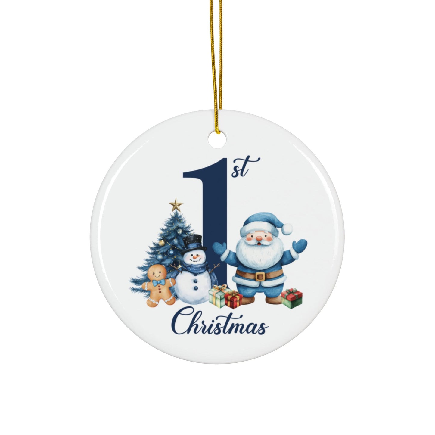 Baby Boy 1st Christmas Santa and Snowman Ceramic Ornament | Round Keepsake