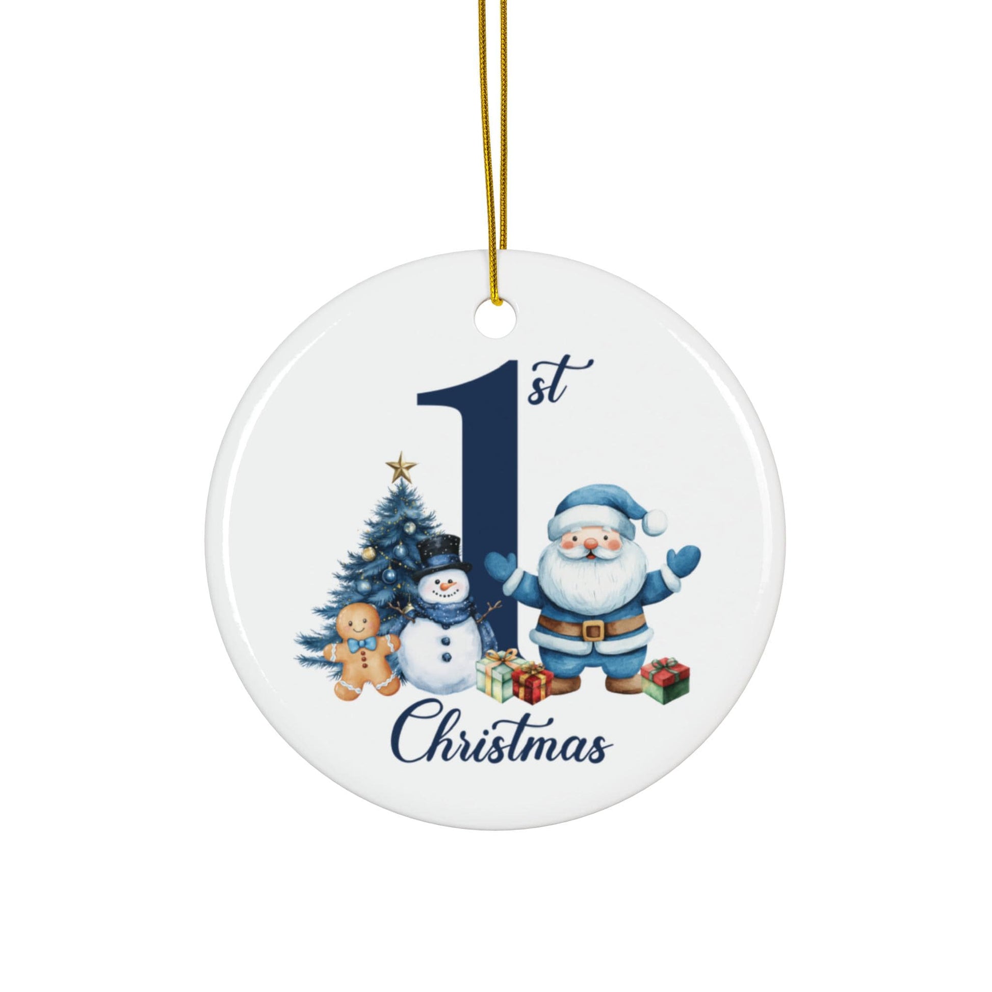 Baby Boy 1st Christmas Santa and Snowman Ceramic Ornament | Round Keepsake
