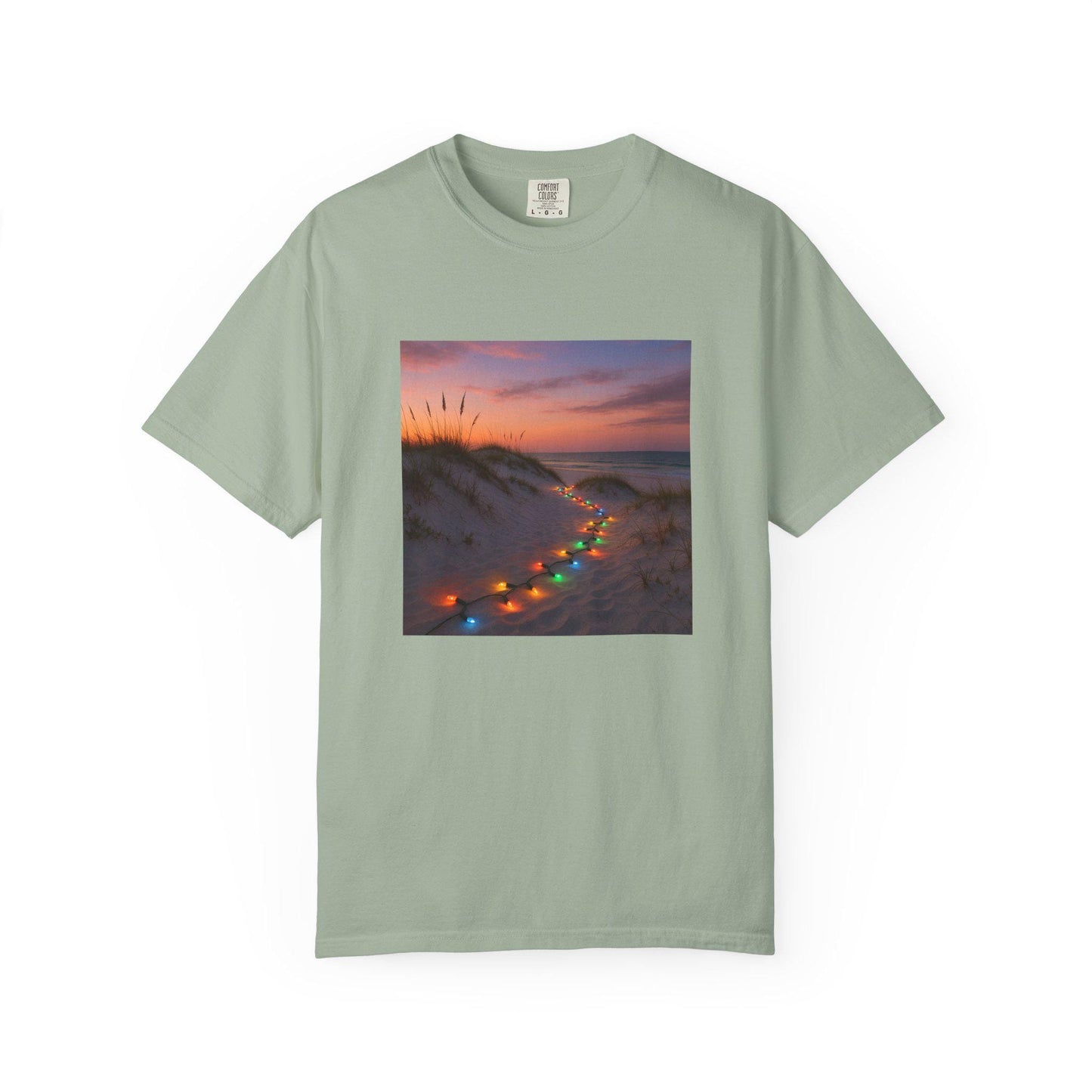 Beach Dunes with Christmas Lights T-Shirt | Sunset Coastal Photo Tee