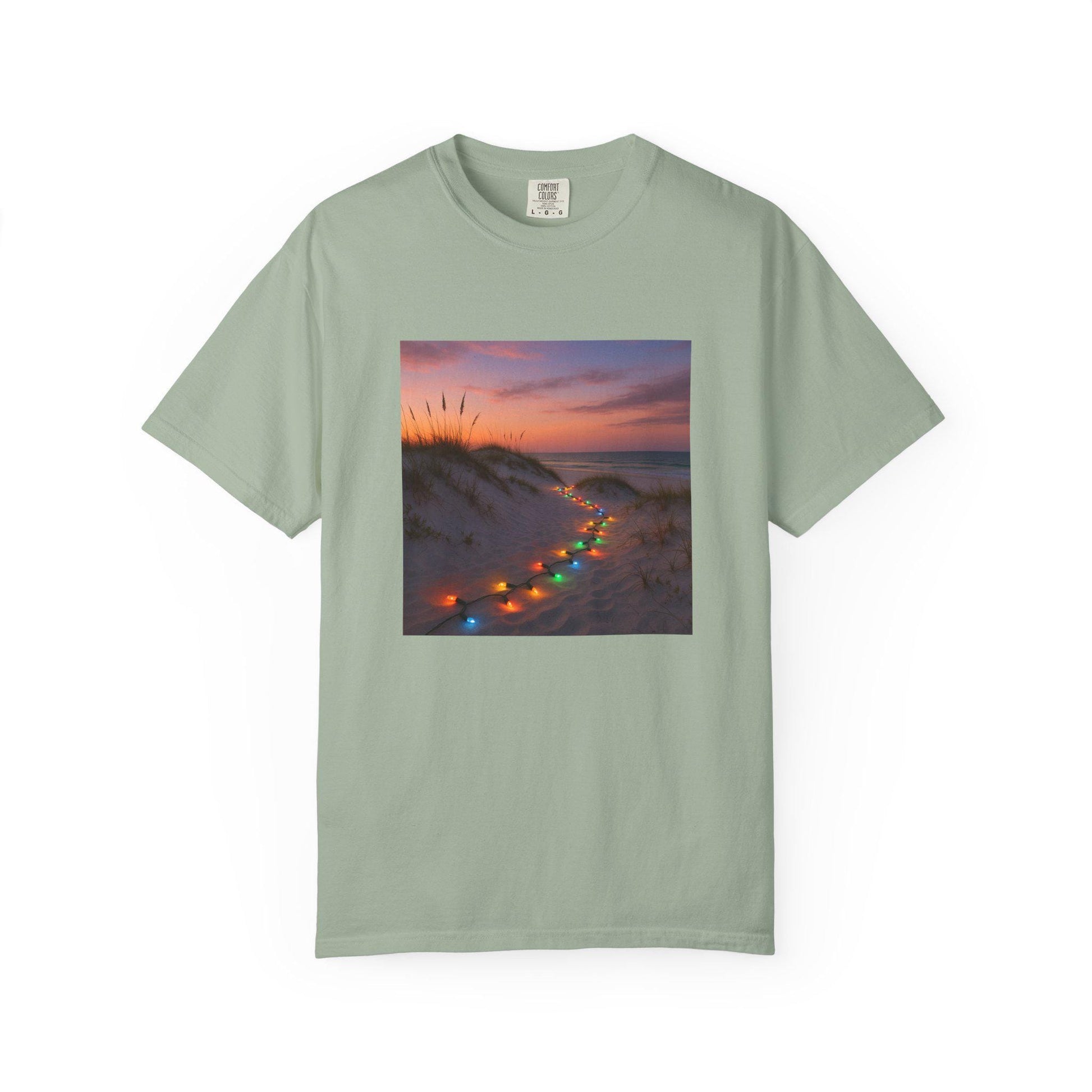 Beach Dunes with Christmas Lights T-Shirt | Sunset Coastal Photo Tee