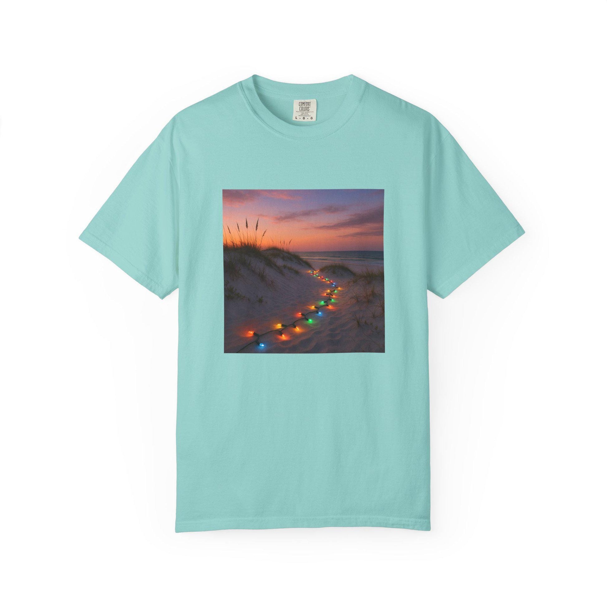Beach Dunes with Christmas Lights T-Shirt | Sunset Coastal Photo Tee