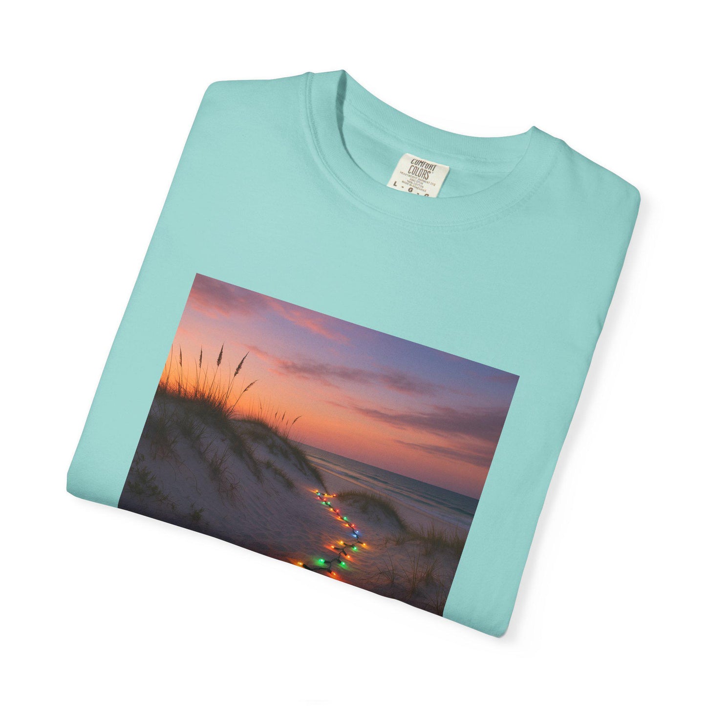 Beach Dunes with Christmas Lights T-Shirt | Sunset Coastal Photo Tee
