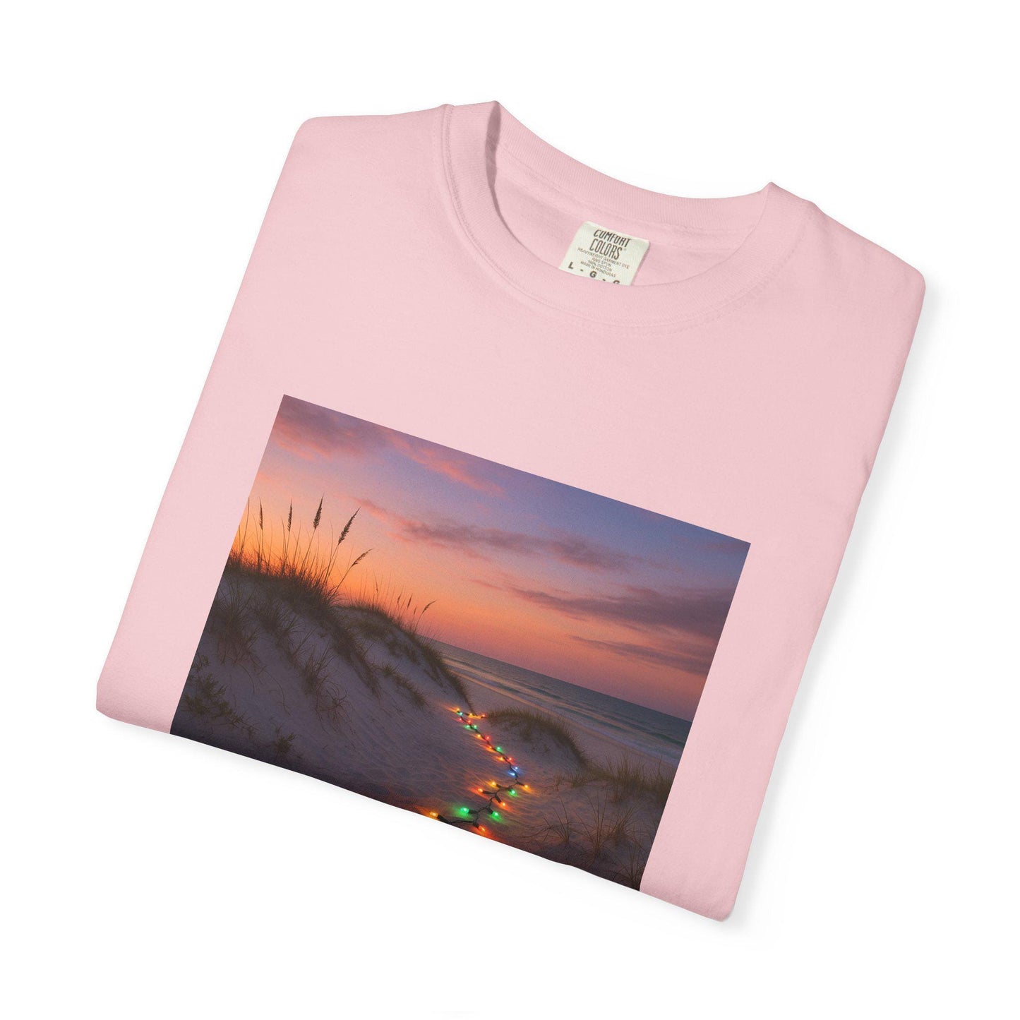 Beach Dunes with Christmas Lights T-Shirt | Sunset Coastal Photo Tee