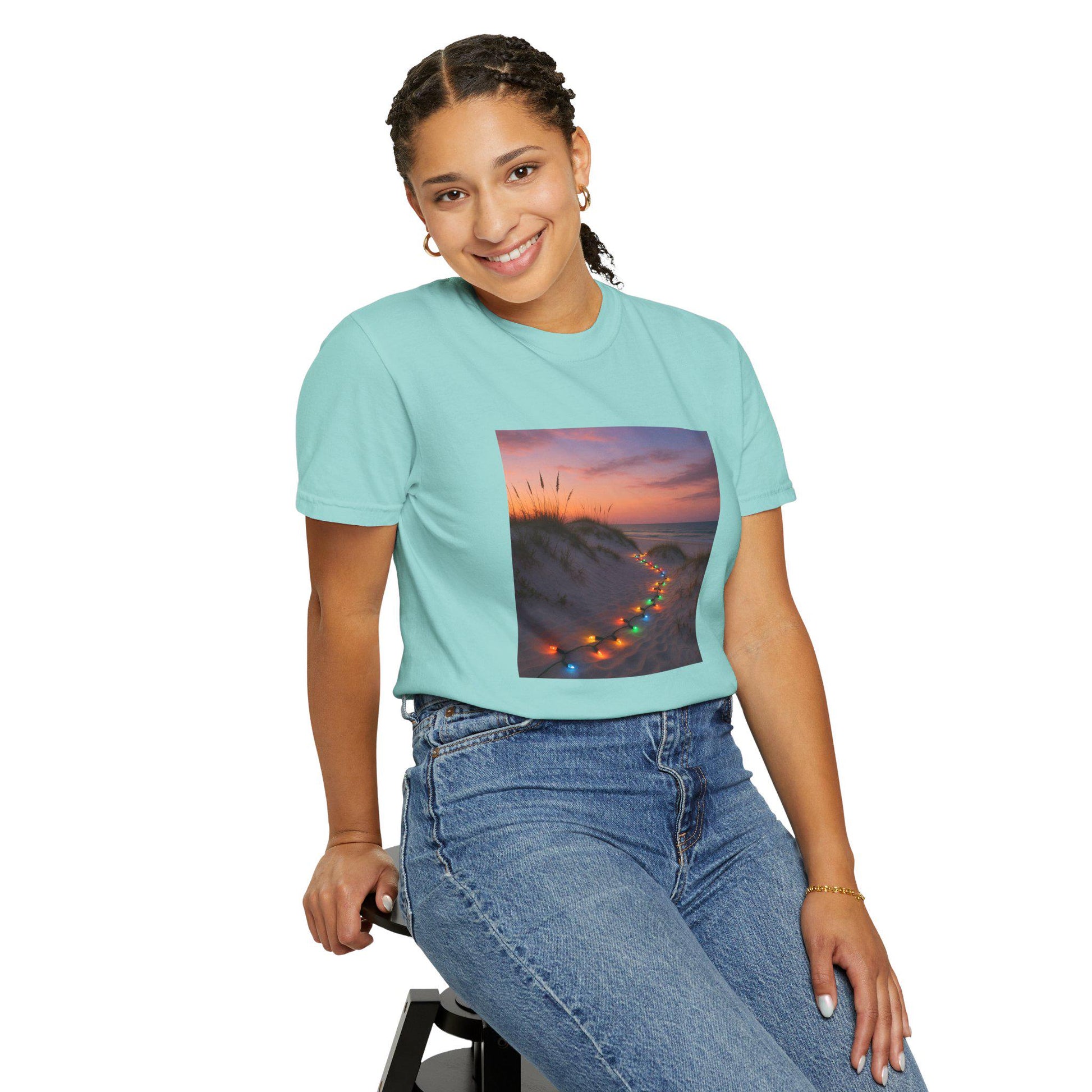 Beach Dunes with Christmas Lights T-Shirt | Sunset Coastal Photo Tee