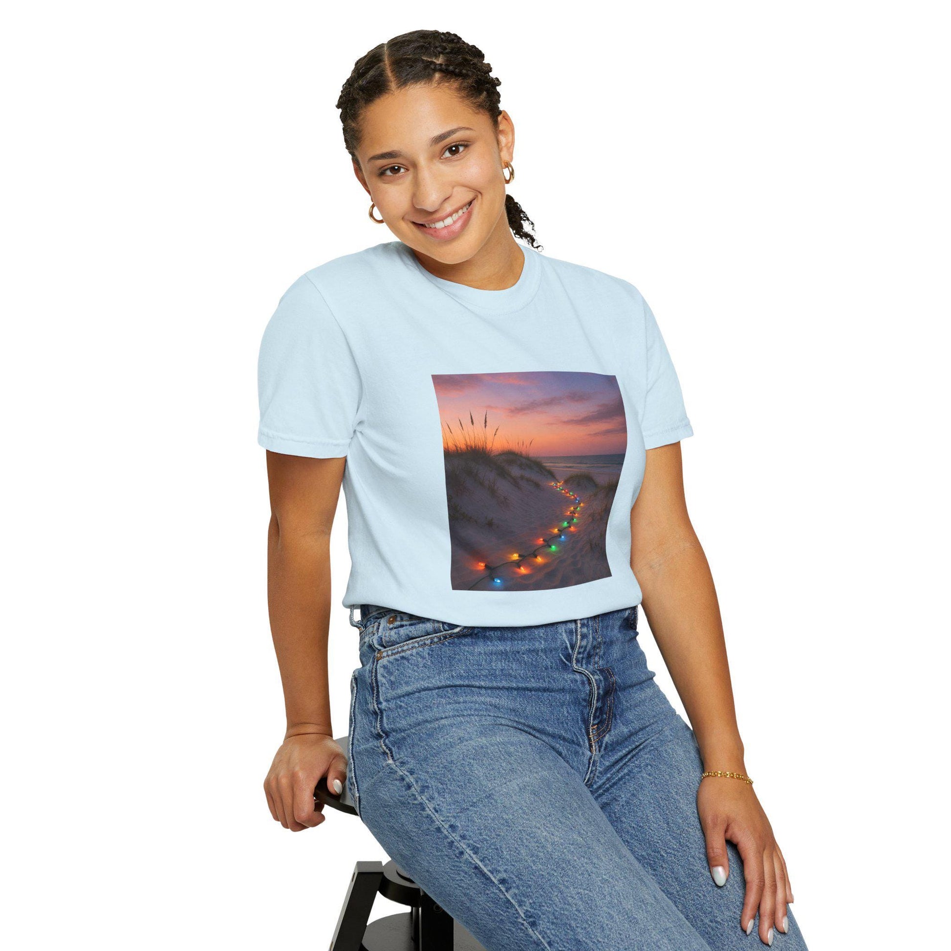 Beach Dunes with Christmas Lights T-Shirt | Sunset Coastal Photo Tee