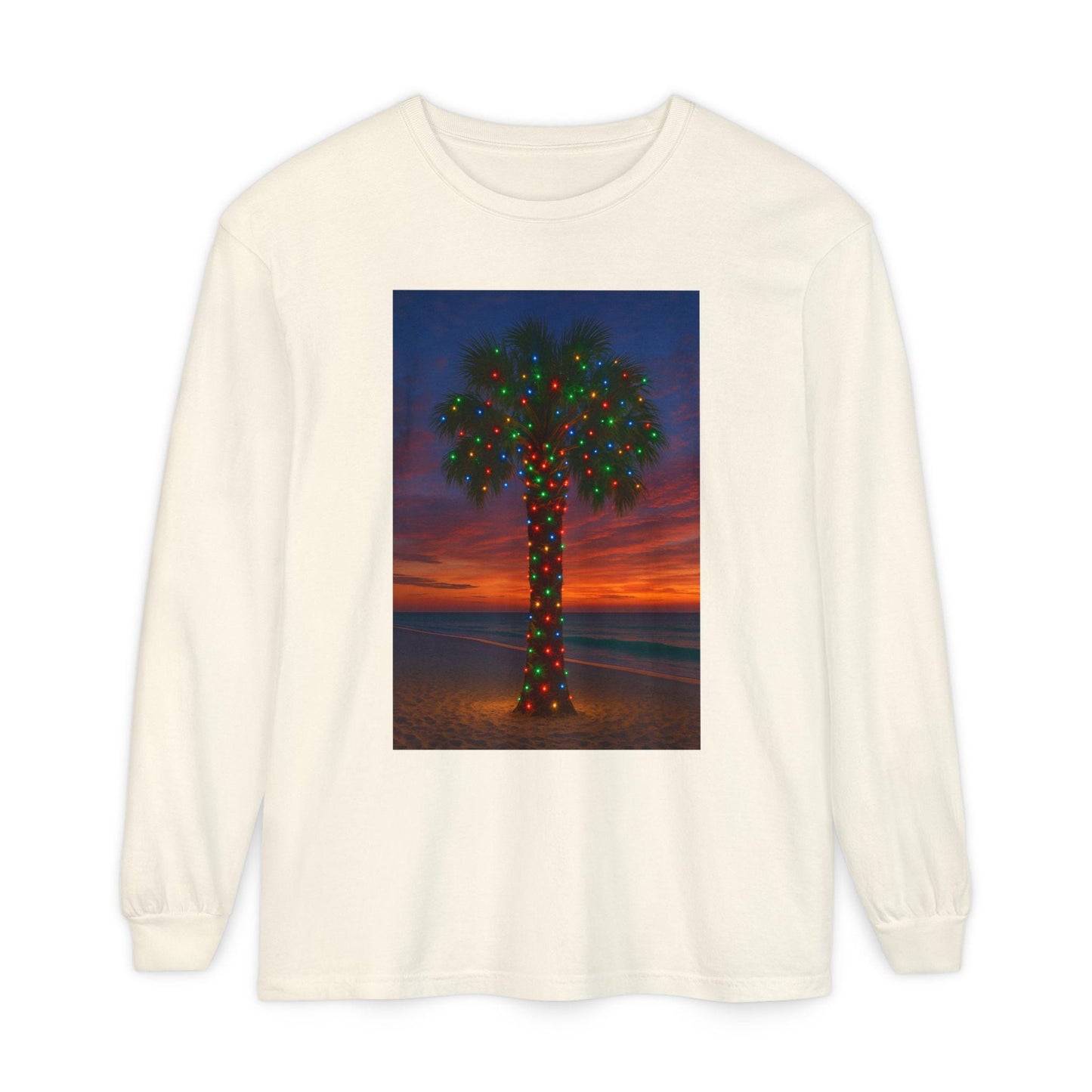Palm Tree with Christmas Lights Long Sleeve T-Shirt | Holiday Beach Sunset
