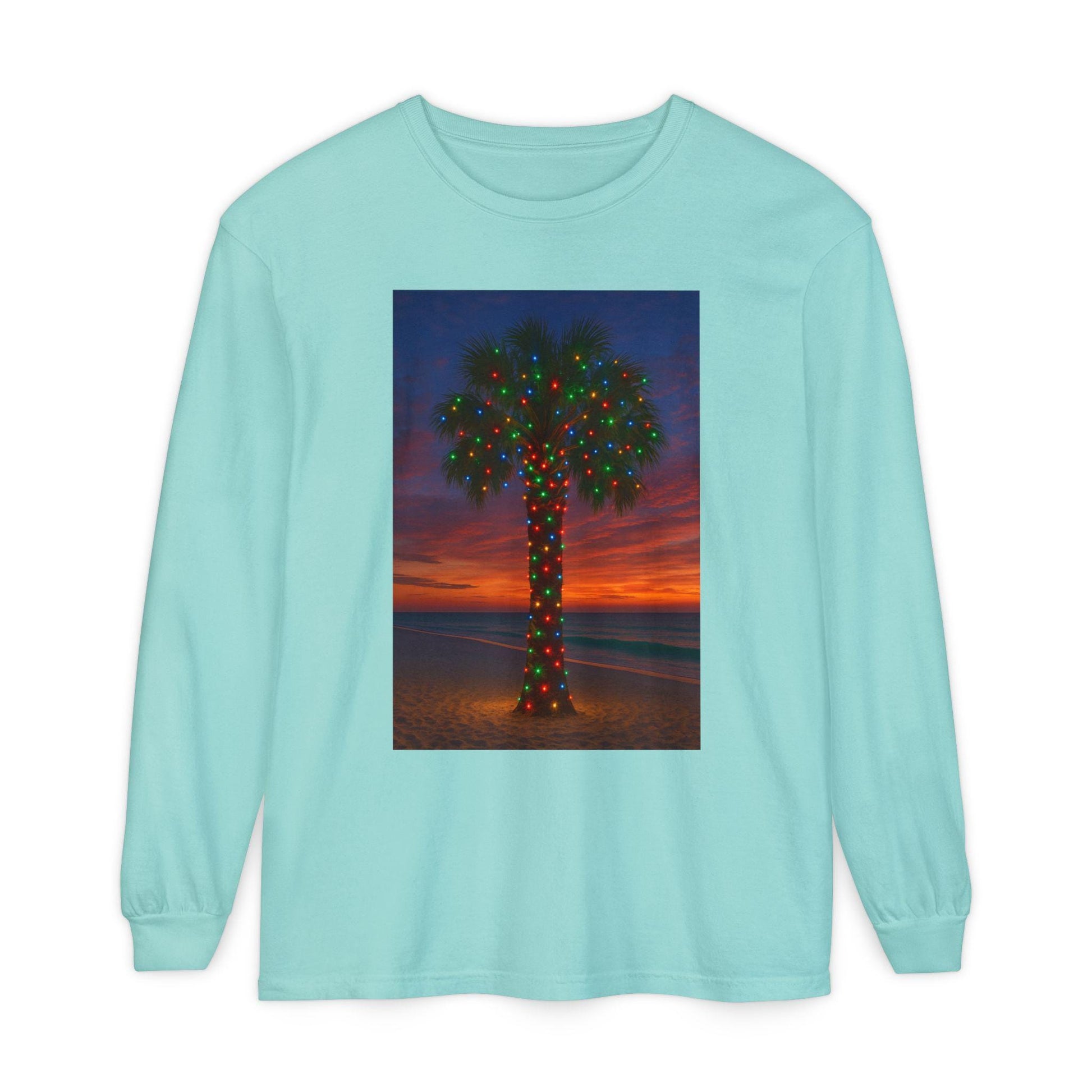 Palm Tree with Christmas Lights Long Sleeve T-Shirt | Holiday Beach Sunset