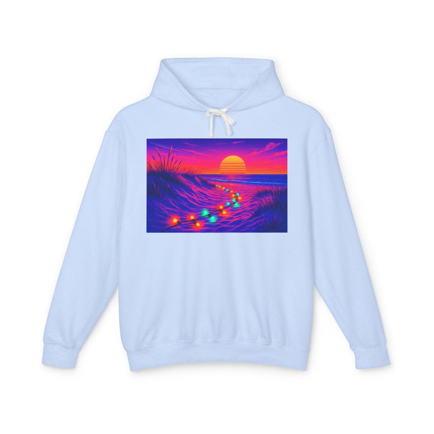 Neon Sunset Beach Christmas Lights Hoodie | Retro Ocean Sunset