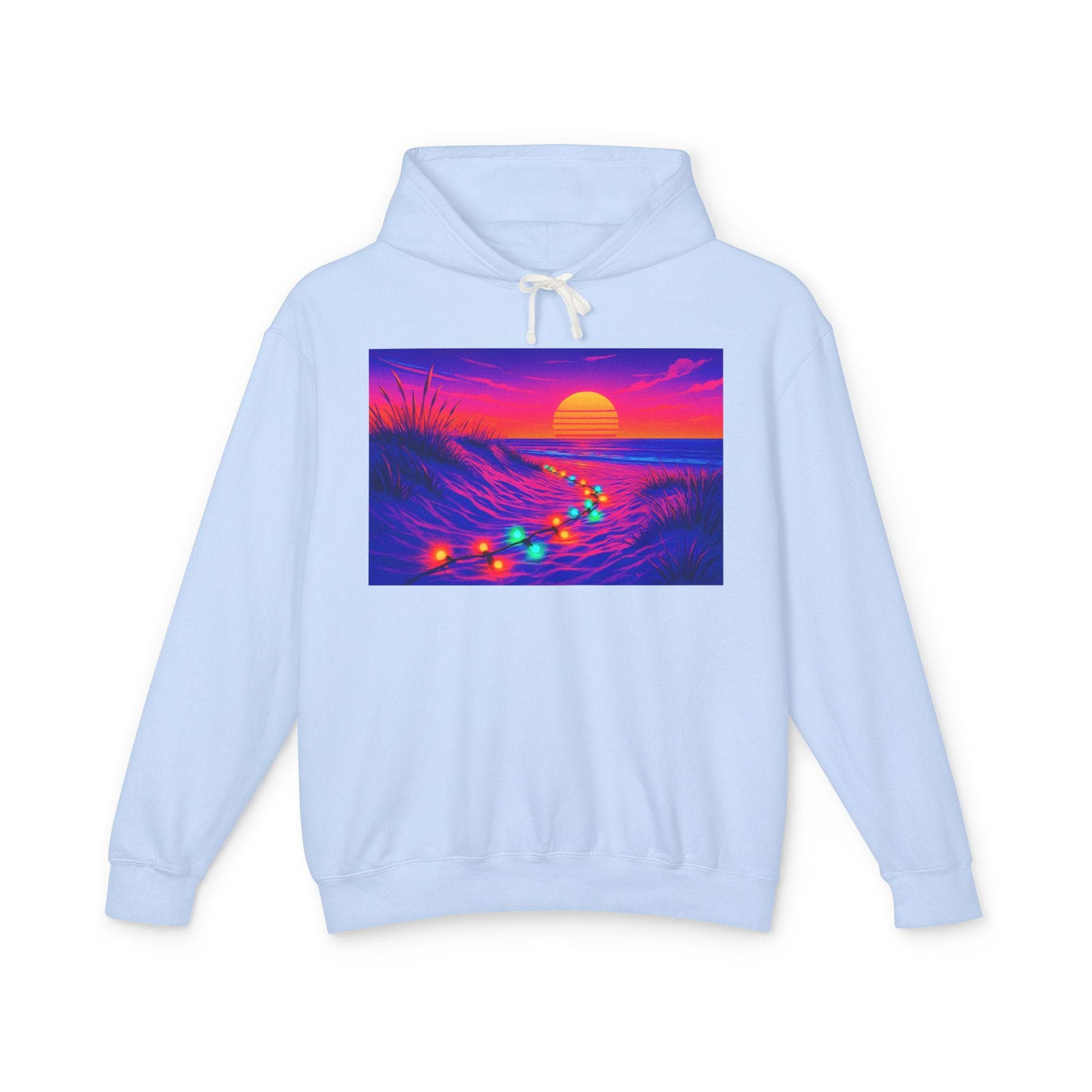 Neon Sunset Beach Christmas Lights Hoodie | Retro Ocean Sunset